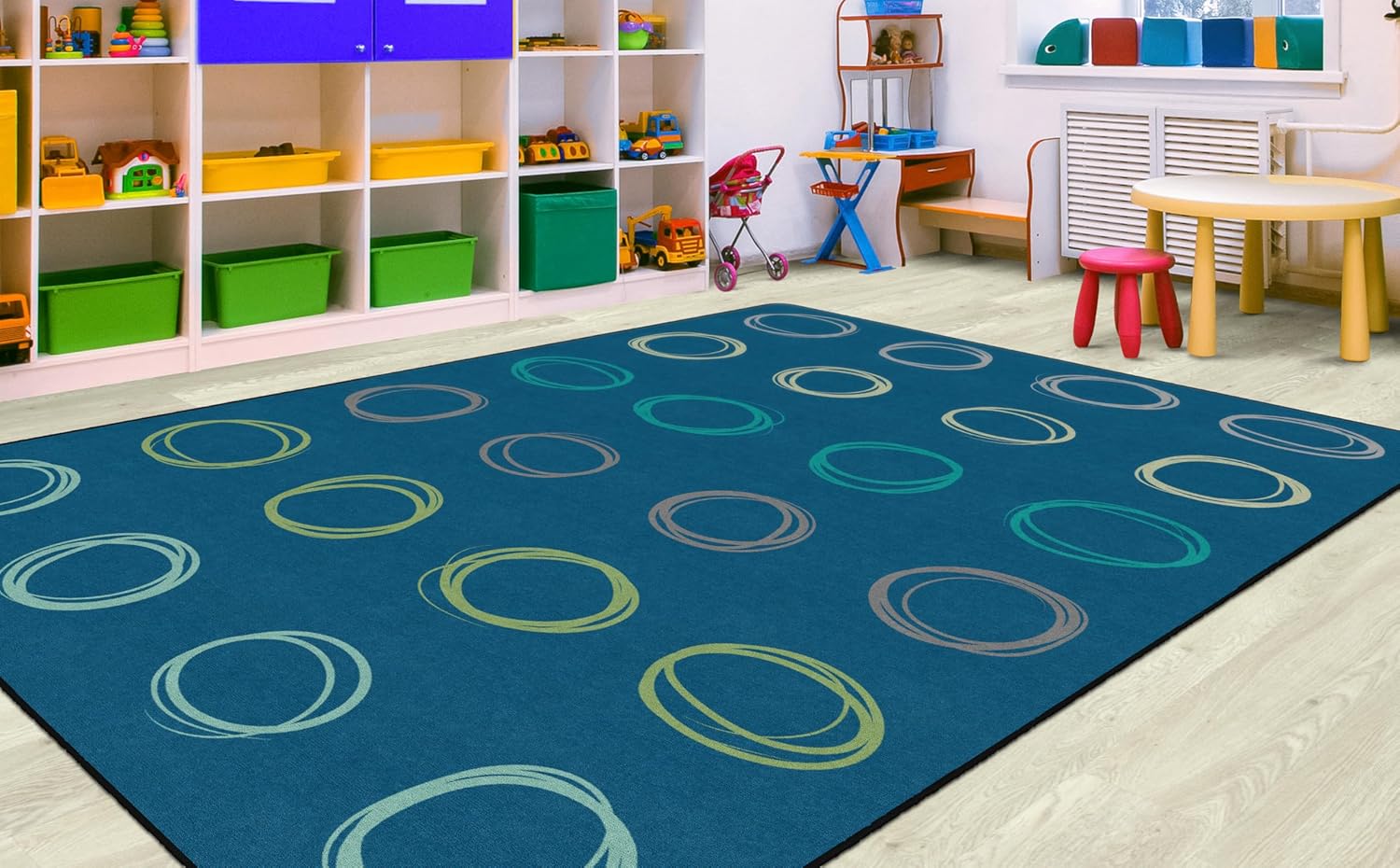 Flagship Carpets Circle Sampler Abstract Classroom Educational Area Rug for Kids and Teachers, Quality for Schools, Preschool, Daycare, & Learning Centers, Seats 24, 7'6" x 12' - Calming Blue