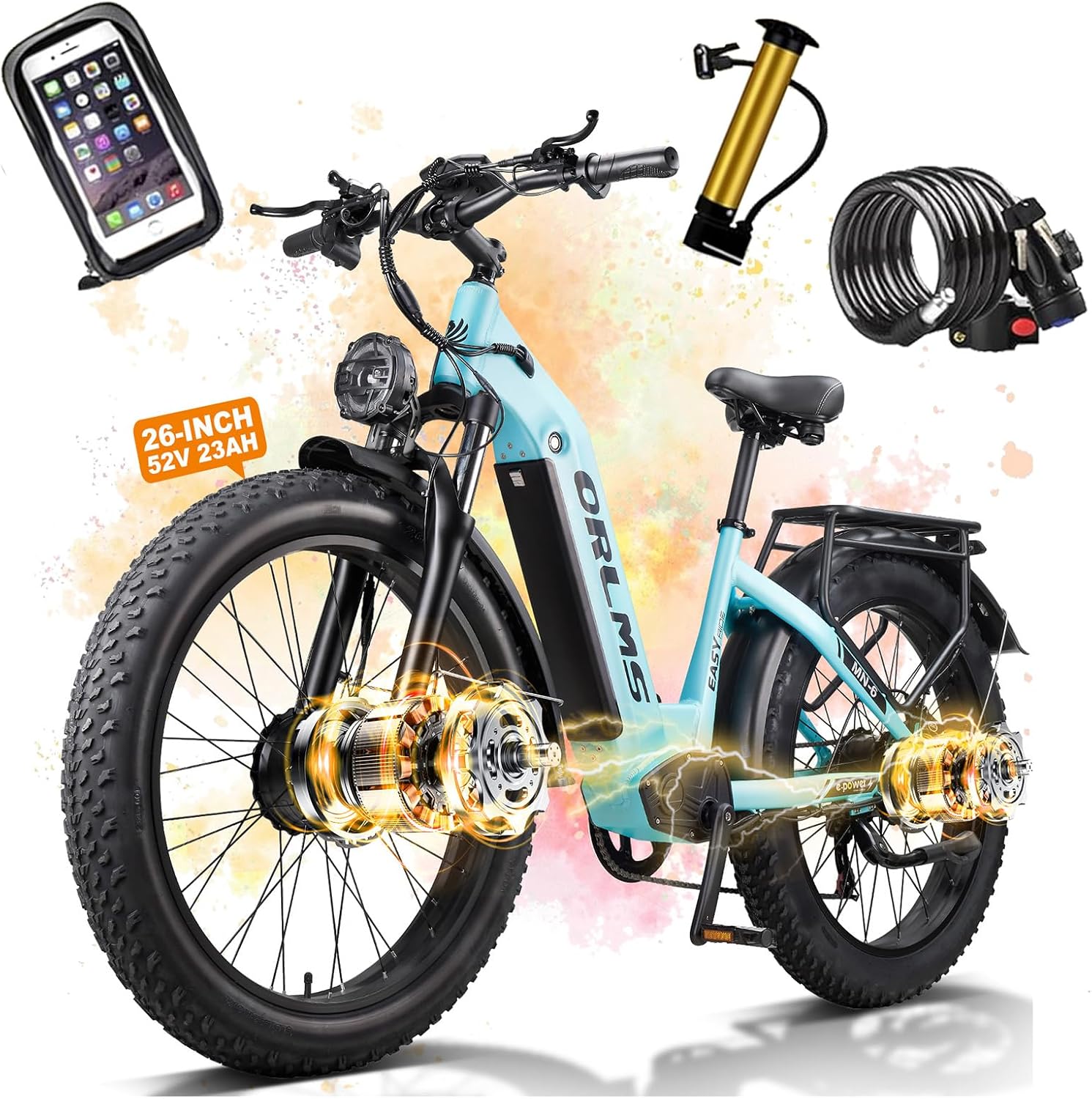 MENORX Dual Motor Electric Bike,26"x4"Fat Tire Electric Bike,Up to 5000W Peak, 52V/23Ah Lithium Battery,Up to 40-45MPH &105 Miles Range E Bike