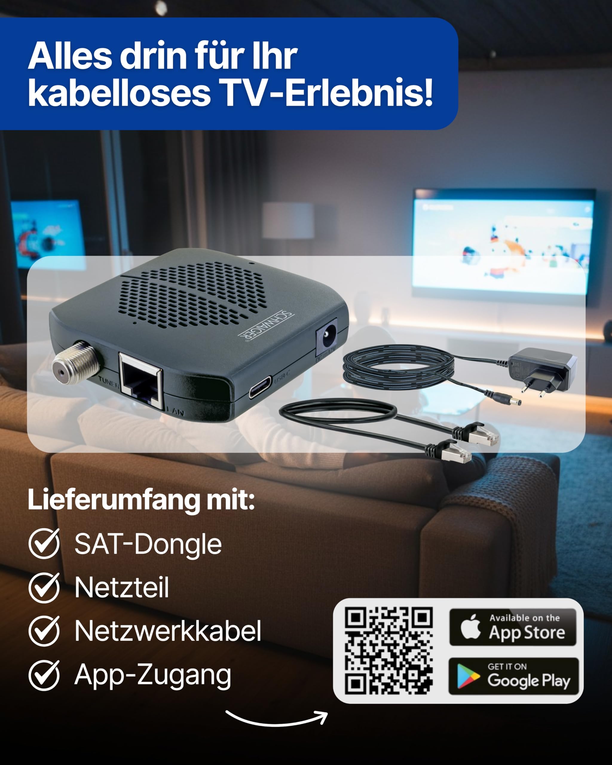 SCHWAIGER SAT Receiver I SAT-Dongle für Digitale Fernsehsignale per WLAN I kabelloses Streaming von Satellitenfernsehen per WiFi über TV2Smart App I drahtloser Satellitenempfänger für Fernseher
