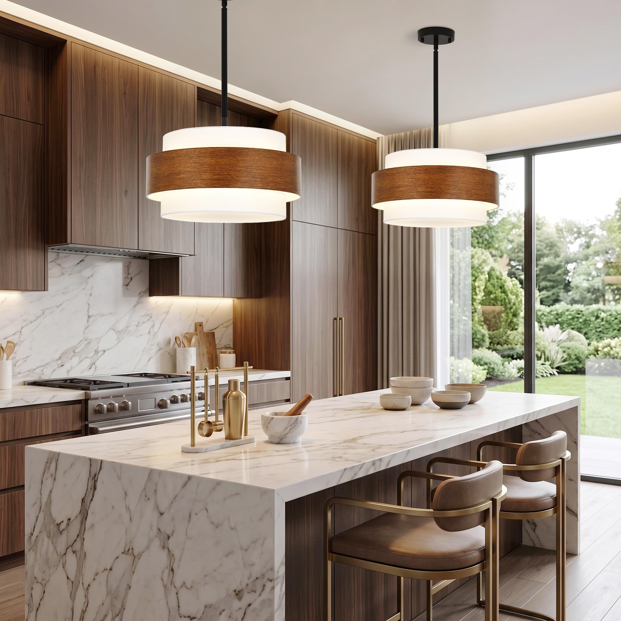 Lustre Teinte Bois, Lustre Moderne à 4 Lumières Rond en Forme de Tambour