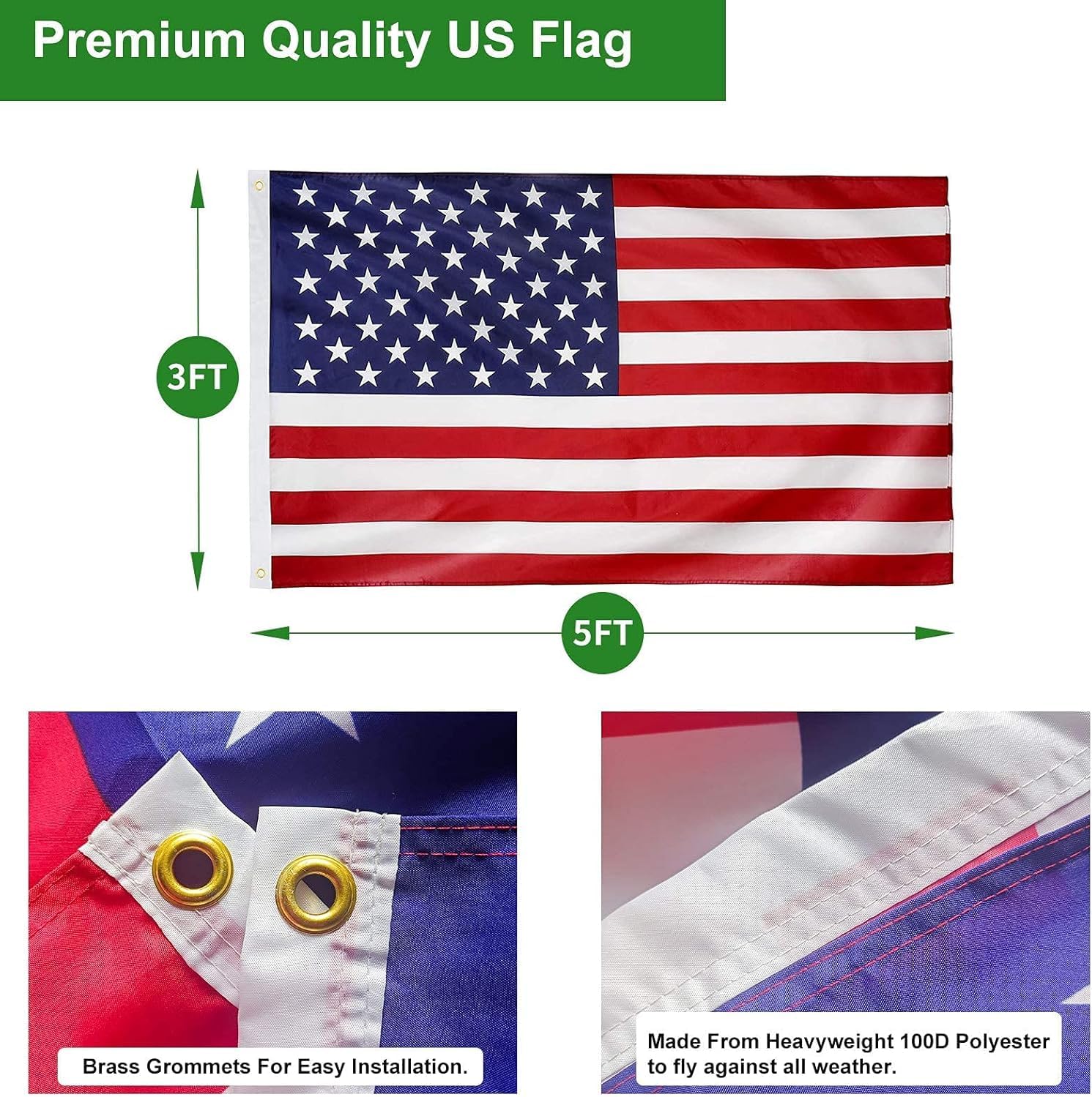 American Flag with Pole 3x5' for Outside House Embroidered US Flag Pole Kit, Tangle-Free Flag with Stainless Steel Flag Pole for Outside House, Porch, Tree, Boat