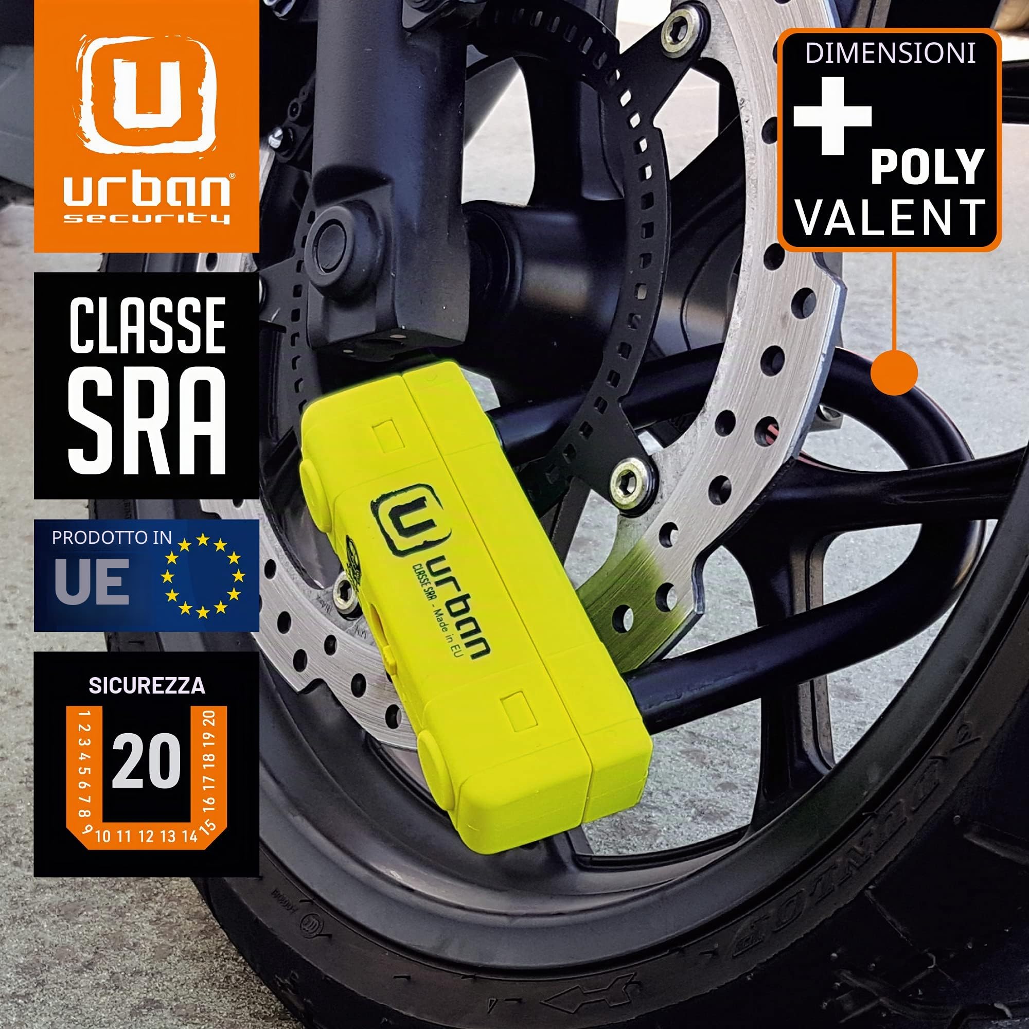 URBAN UR85120Y Lucchetto a U per Alta Sicurezza Omologato SRA, Arco ø18 in Acciaio Cementato, Doppio Blocco Antigraffio, Guscio Visibile e Accattivante, U Lock Antifurto 85x120mm per Moto e Scooter