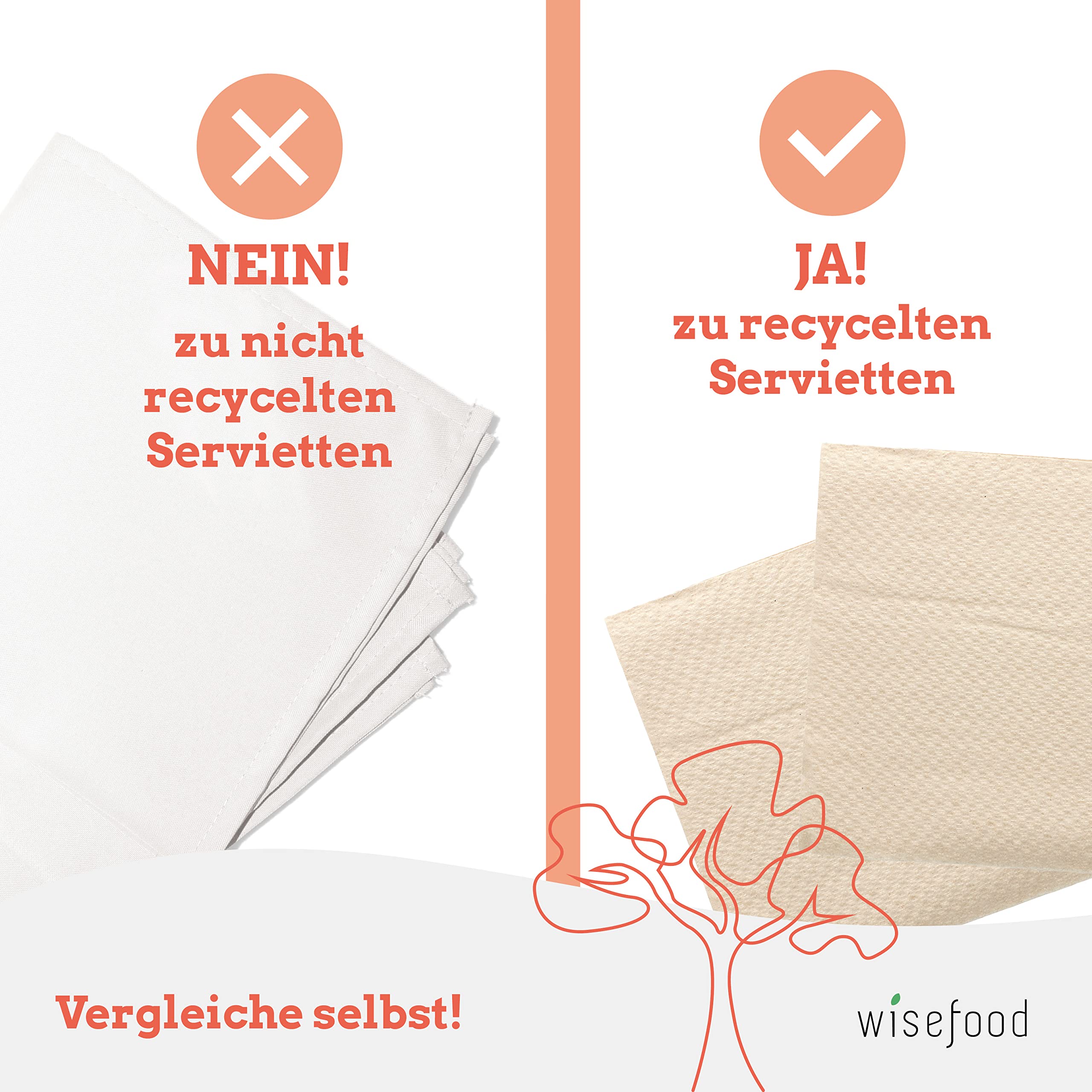 wisefood Tovaglioli di carta quadrati marrone naturale, 3000 pezzi, 33 cm, 1 velo, per feste, compleanni, celebrazioni, tovaglioli da tavola riciclabili e biodegradabili di alta qualità