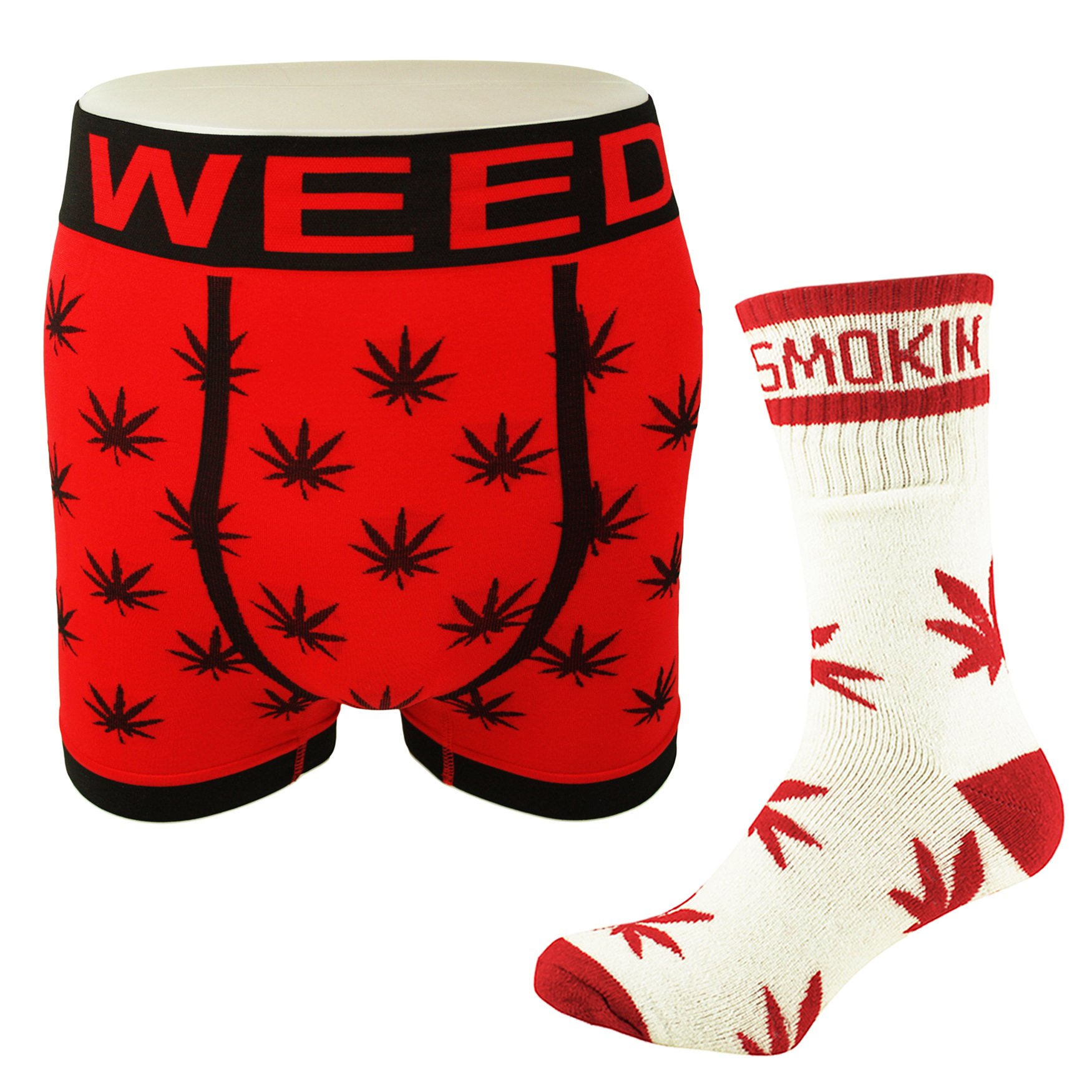 Itzu Men's 1 Red Boxers / 1 White Red Socks Boxer Shorts Briefs Trunks And Highlife Socks Ganja Weed Leaf Print Calf Hi Socks Set (Boxers: 1 X L Red, Socks: 1 X White/Red)