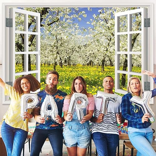 Miniatura 5 de Telón de fondo de ventana de primavera, alféizar de ventana blanco, bosque verde, fondo natural para fotos, pancarta de fiesta de flores, decoración