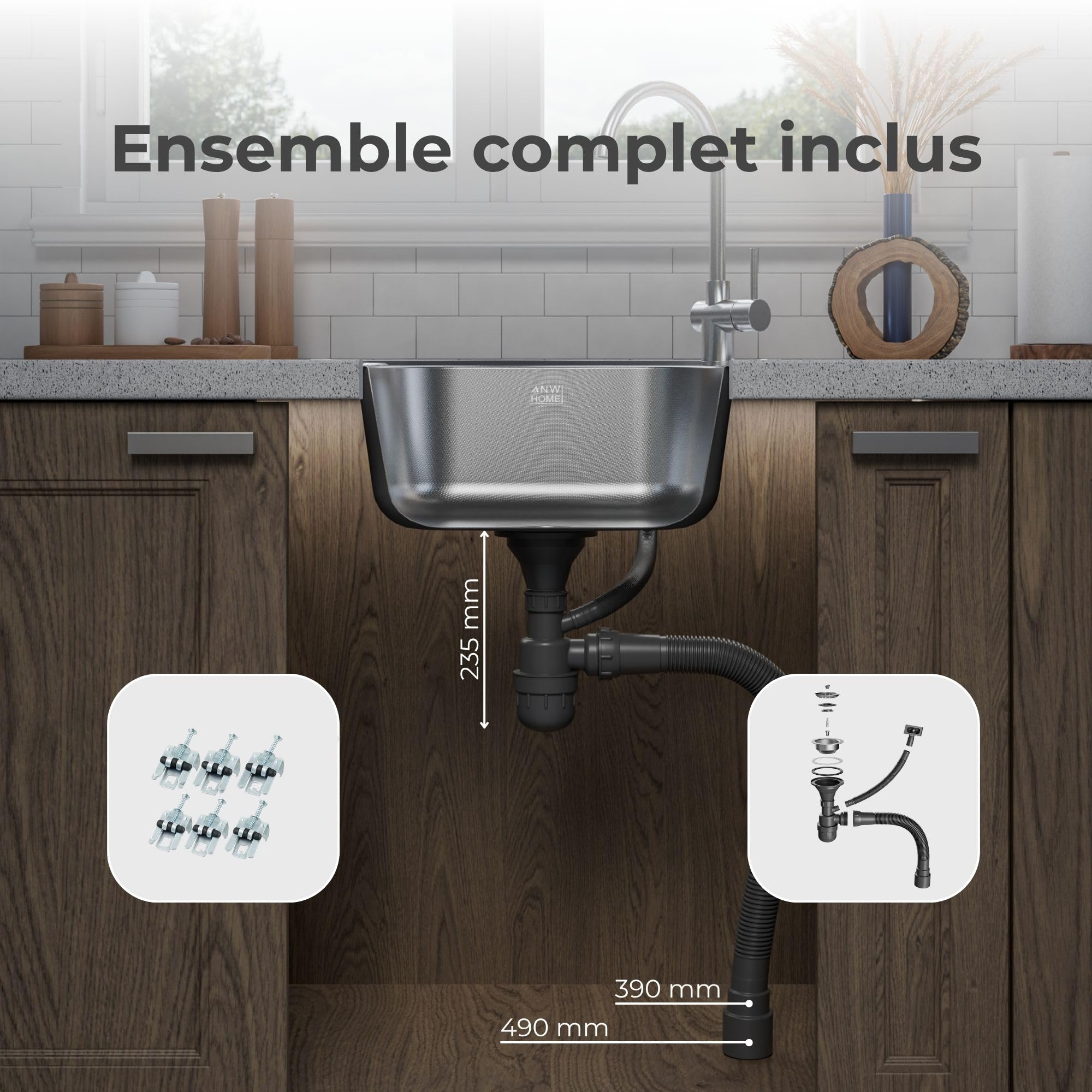ANW HOME Evier Cuisine 50x40 cm, Evier Inox 1 Bac à Encastrer, Finition Anti-Rayures, Épaisseur 1 mm, avec Siphon