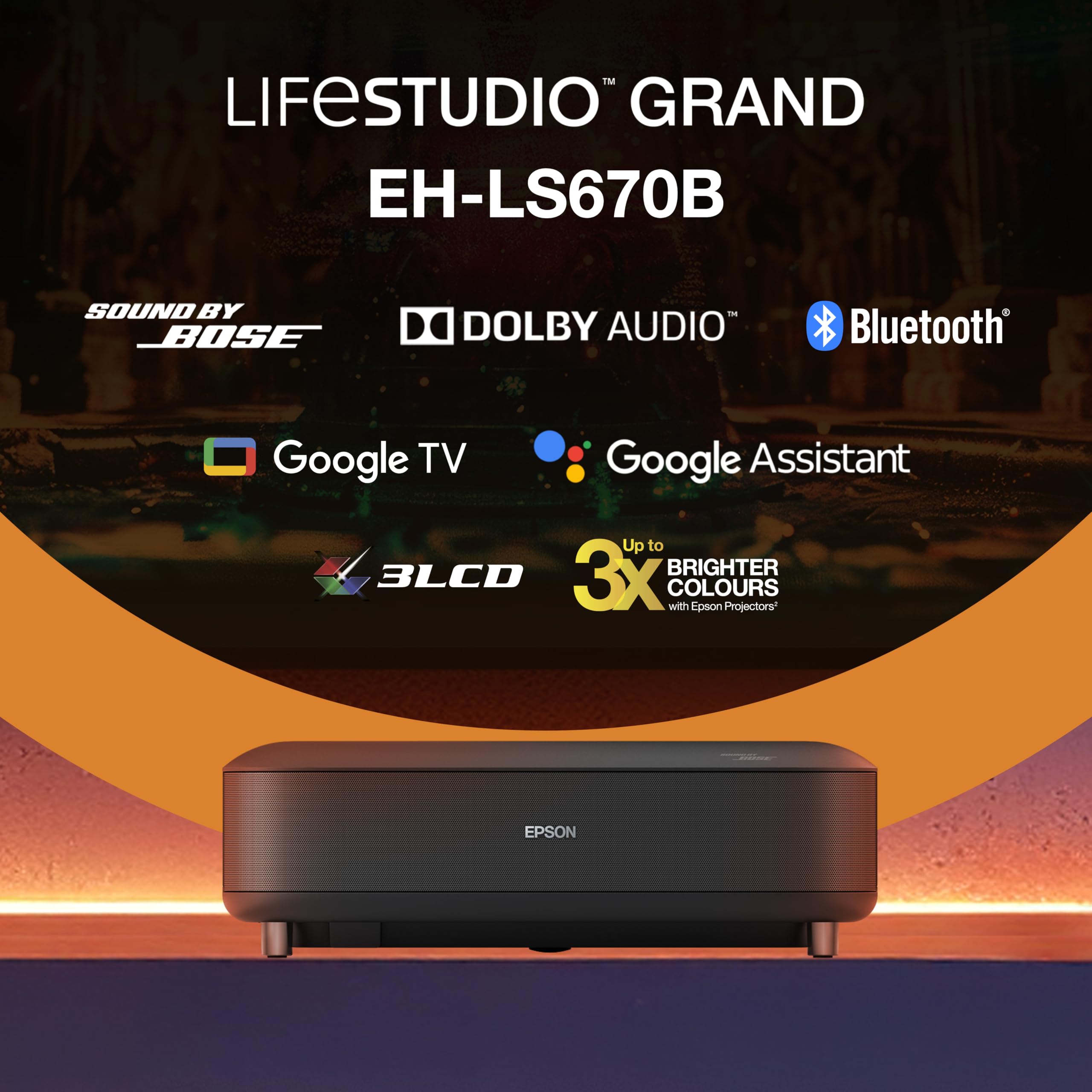 Epson Lifestudio Grand EH-LS670B | Videoproiettore TV laser ottica ultra-corta | Home Cinema 4K PRO‐UHD | 3.600 lumen | Imaging IA | Sound by BOSE | Google TV | Display 120” | Garanzia 5 anni | Nero