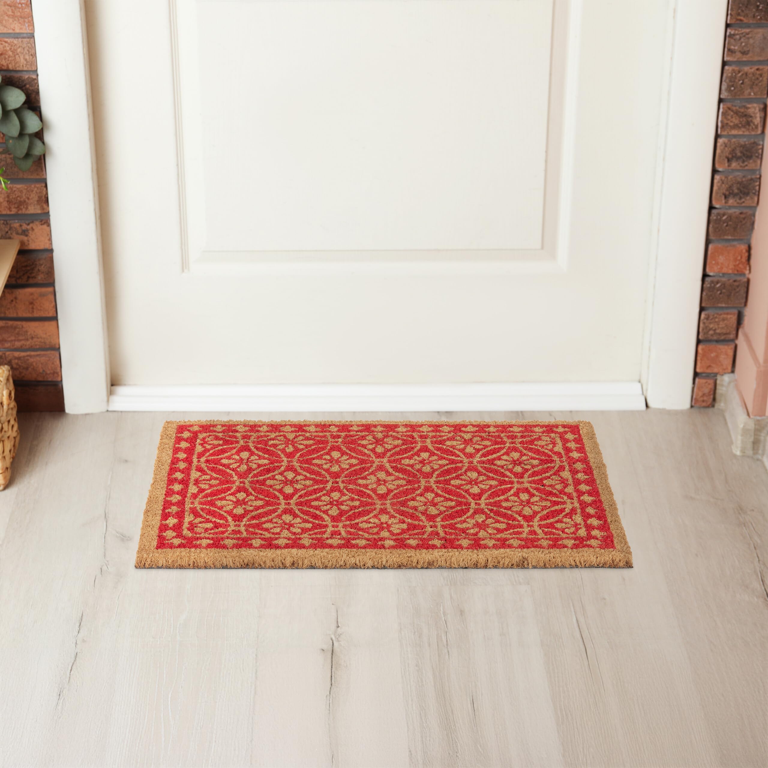 Relaxdays Zerbino in Fibra di Cocco, 60x40 cm Floreale, Tappetino Antiscivolo Ingresso, Esterno e Interno, Rosso Marrone