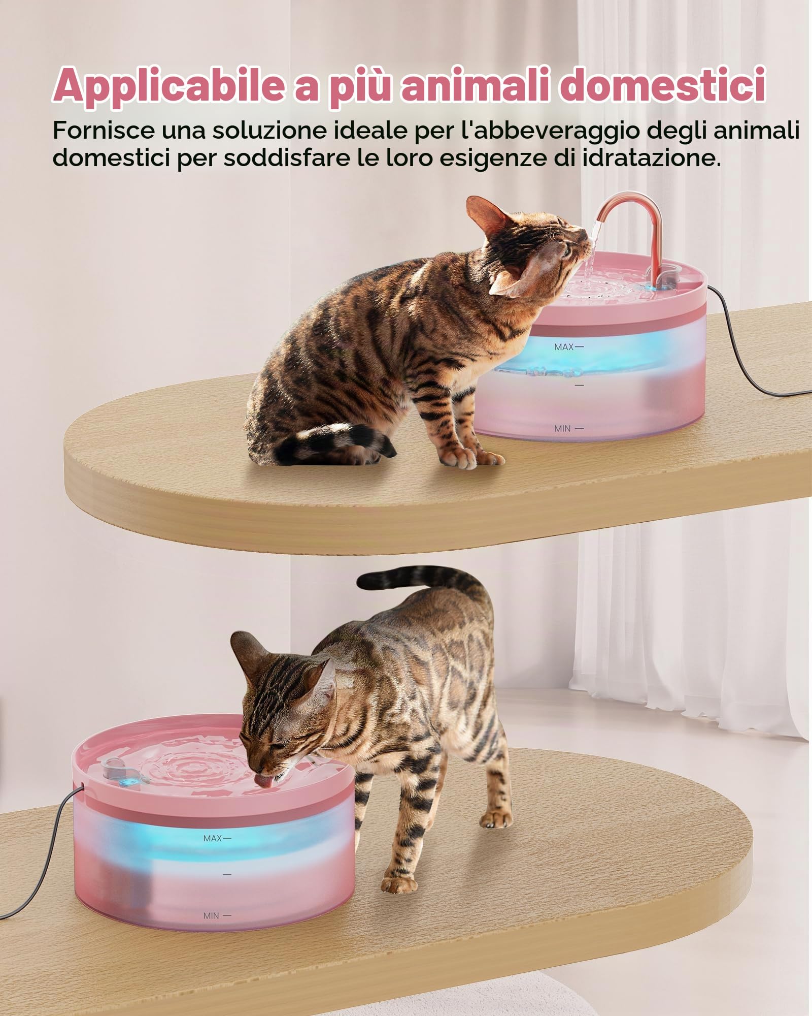 Rosa Fontanella per Gatti, 6 Pezzi Filtro + 3 Pezzi di Spugna, 3.2L Fontana per Gatti, Fontanella per Cani Pompa Ultra-Silenziosa con Luce Led, Filtraggio Profondo, Serbatoio Dell'Acqua Traslucido