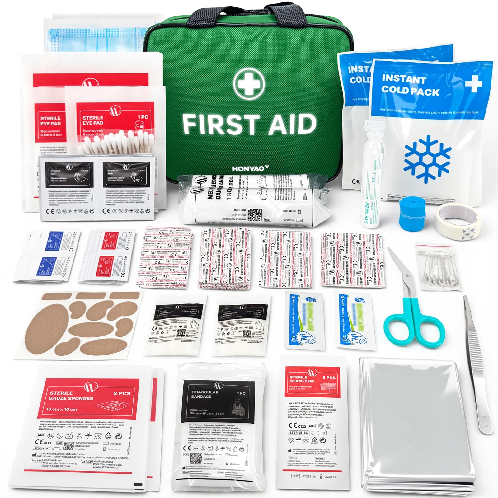 HONYAO Botiquín de Primeros Auxilios 180 Piezas, Kit Primeros Auxilios Completo, Botiquin para Hogar Coche Trabajo Deporte Viaje Cámping Niños, Verde