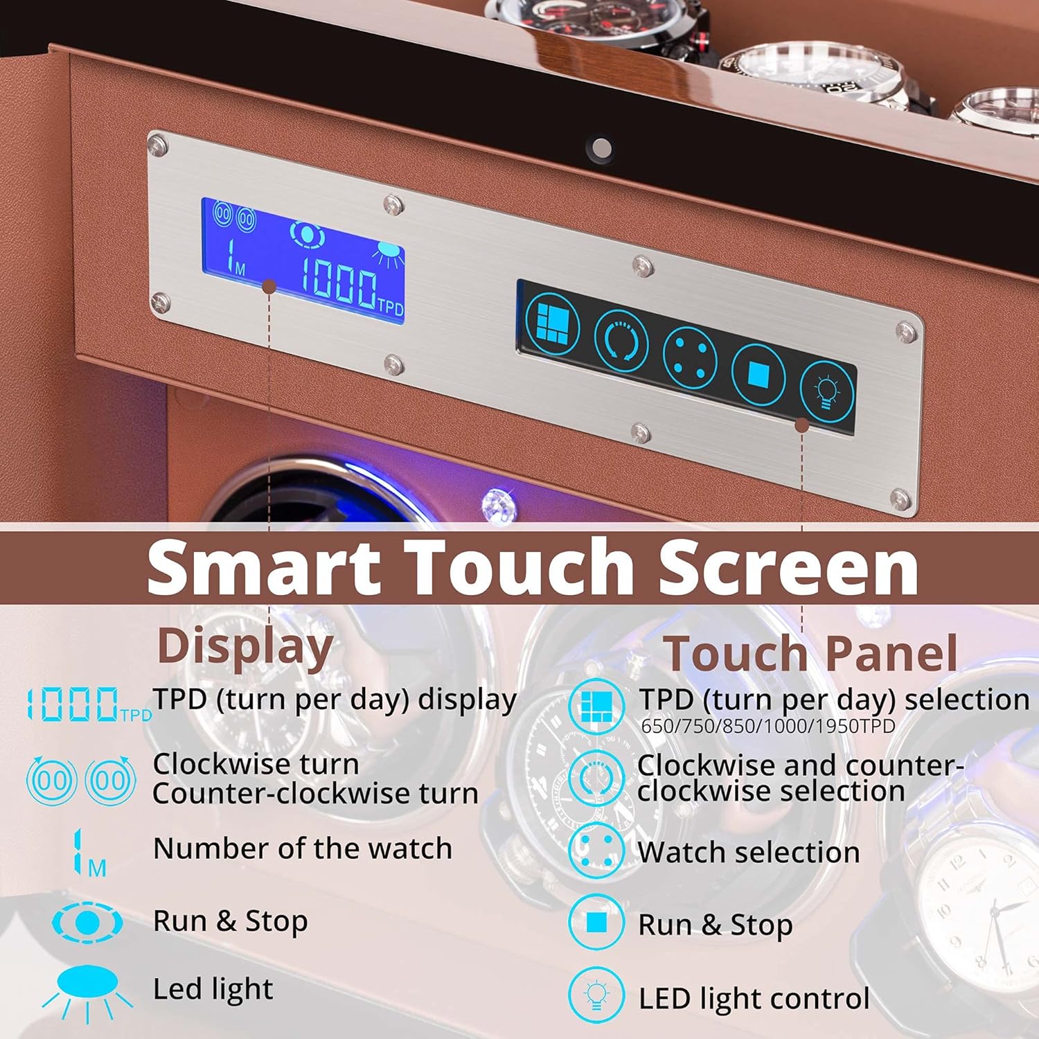 Automatic Watch Winder with 3 Quiet Running Motor Watch Winding LCD Display+ 4 Storage Box, Diamond Decorated, Walnut Watch Winder for Rolex with 5 Adjustable Upgraded Watch Pillows, AC Adapter