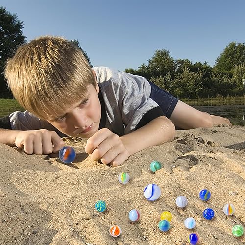 Miniatura 8 de Shindel 125 piezas de canicas de vidrio a granel, cuentas de vidrio redondas con tarro de mármol estilo surtido canicas para niños, juego de canicas