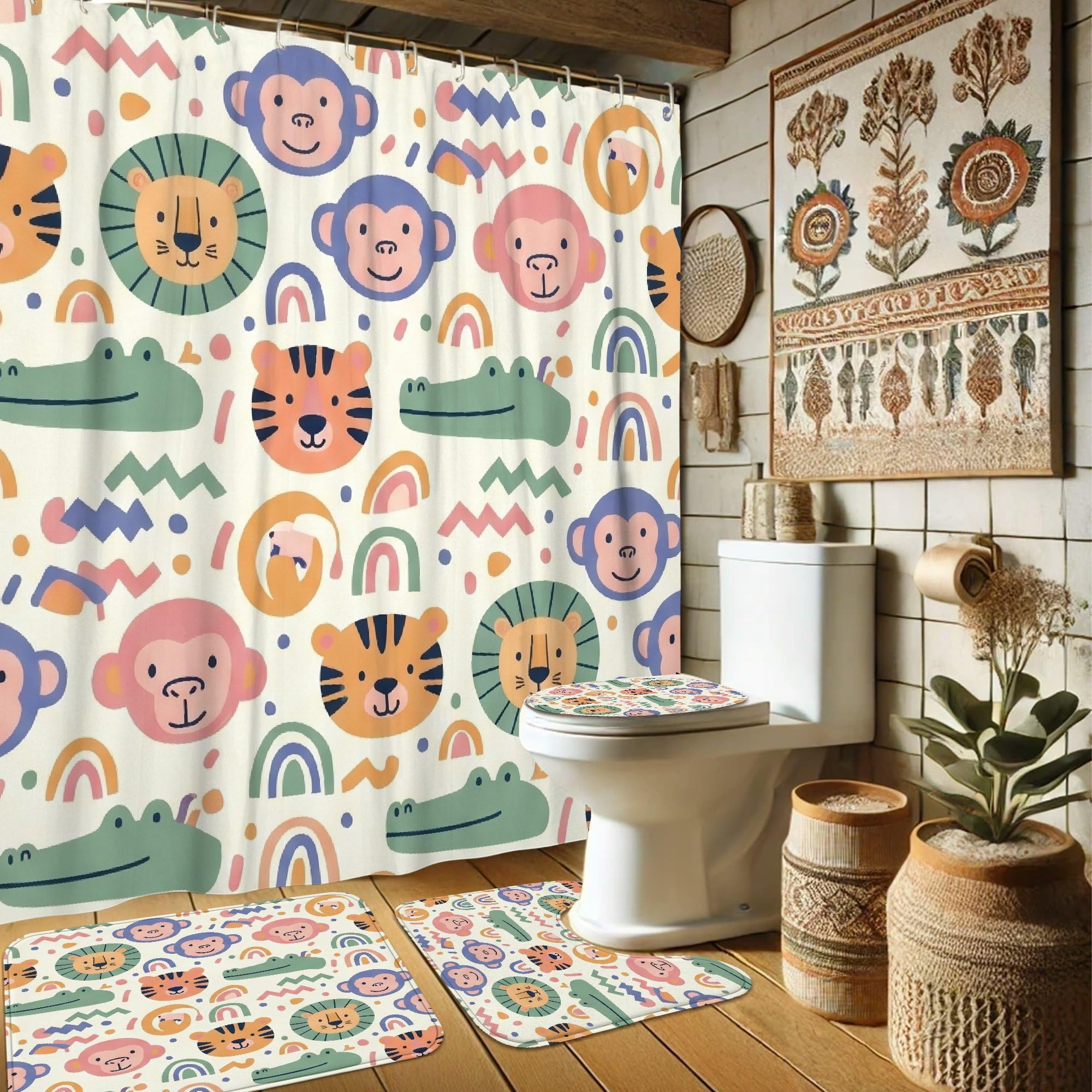 Rideau de douche anti-moisissure lion et tigre, textile lavable pour salle de bain