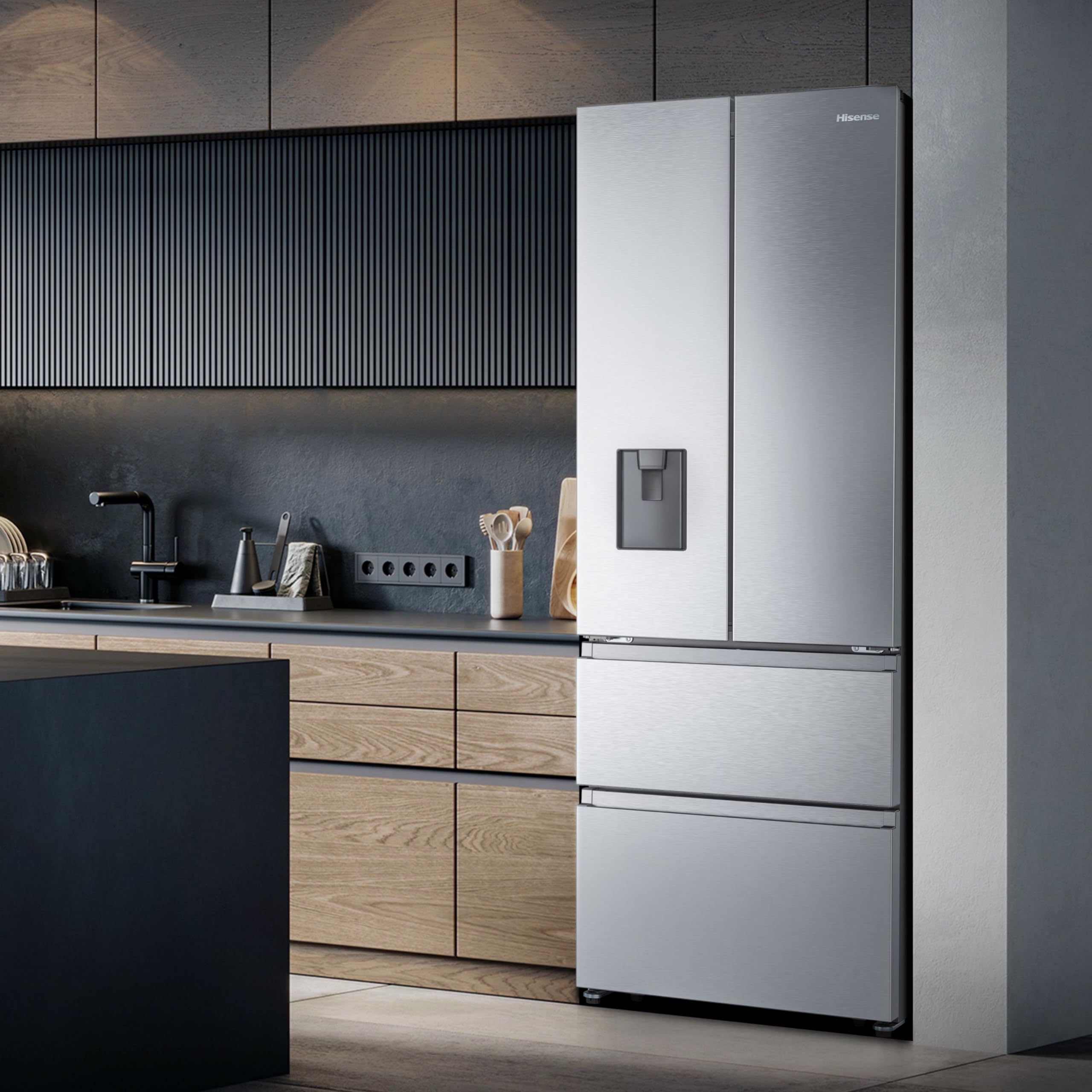 Hisense RF632N4WIE - Frigorífico Combi No Frost Inox Puerta Francesa, Con dispensador, No Frost, 2 Metros,Cajón, 337Litros, Sistema de flujo de aire, Acabado Inox, 485 litros