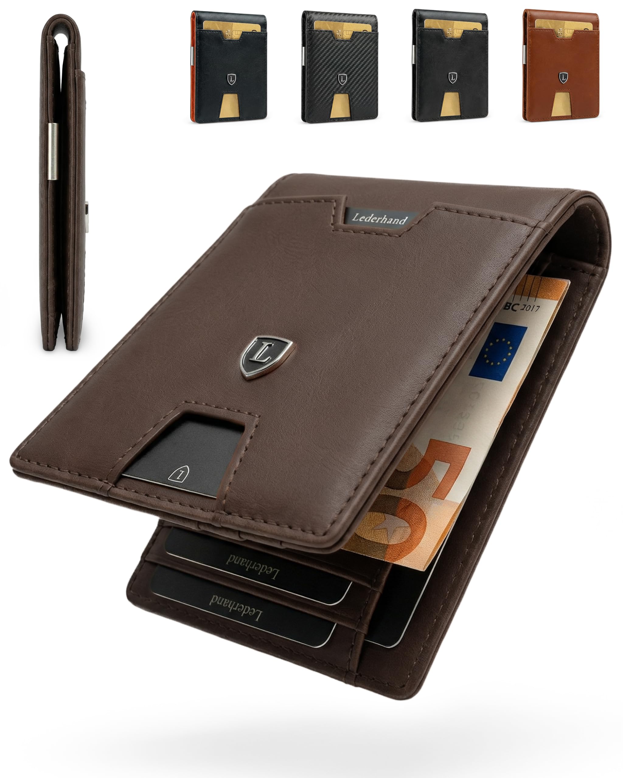 LEDERHAND iSlim - Nappa Leder Geldbeutel mit Geldklammer OHNE Münzfach, 9 Kartenfach Premium Geldbörse RFID NFC - Schutz Slim - Wallet Echtleder Geschenk |(Schwarz/Schwarz)