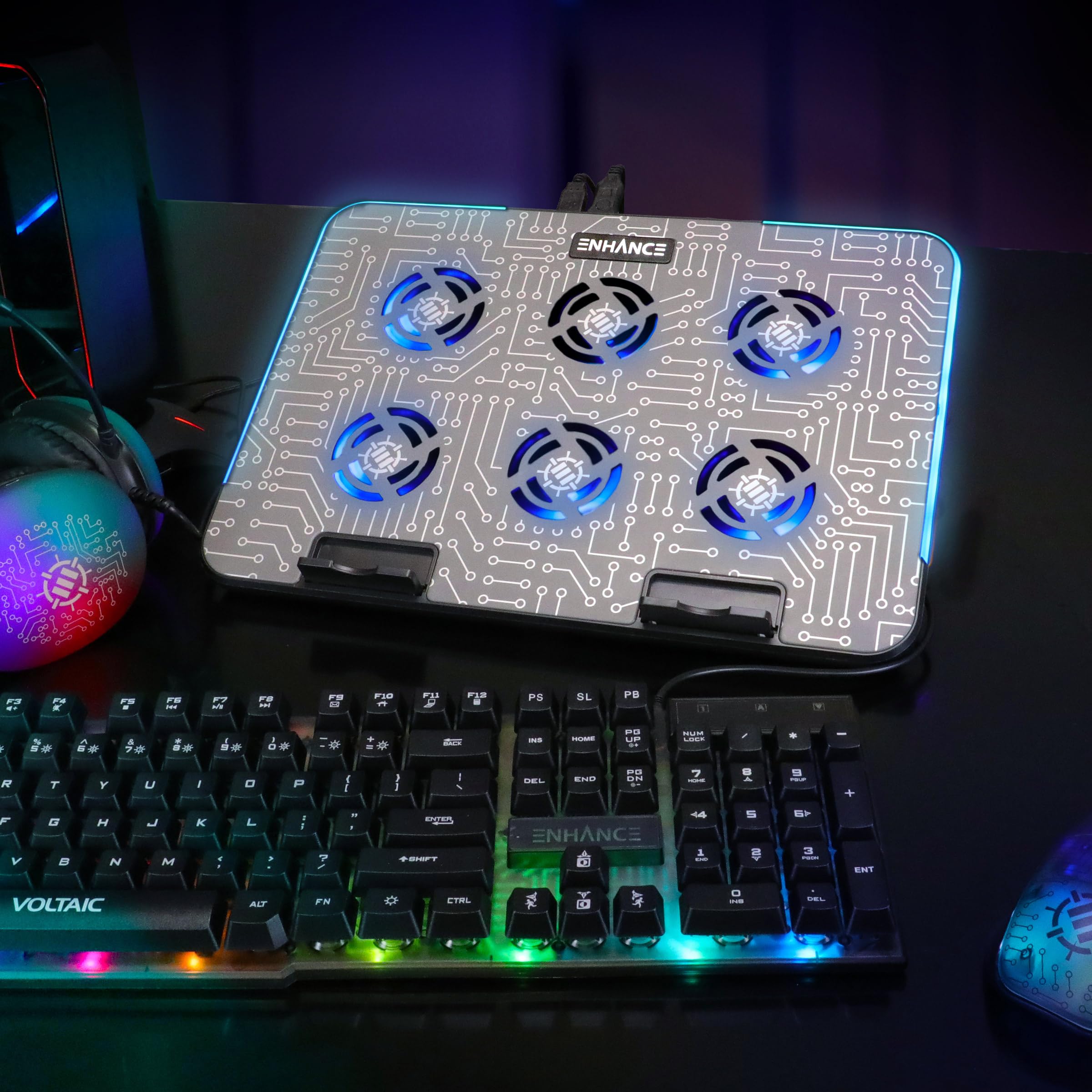 ENHANCE Gaming Voltaic 2 Base de Enfriamiento para Computadora Portátil - 6 Ventiladores LED Azules, 7 Configuraciones de Altura, Iluminación RGB - Base de Enfriamiento Parte Superior de Metal