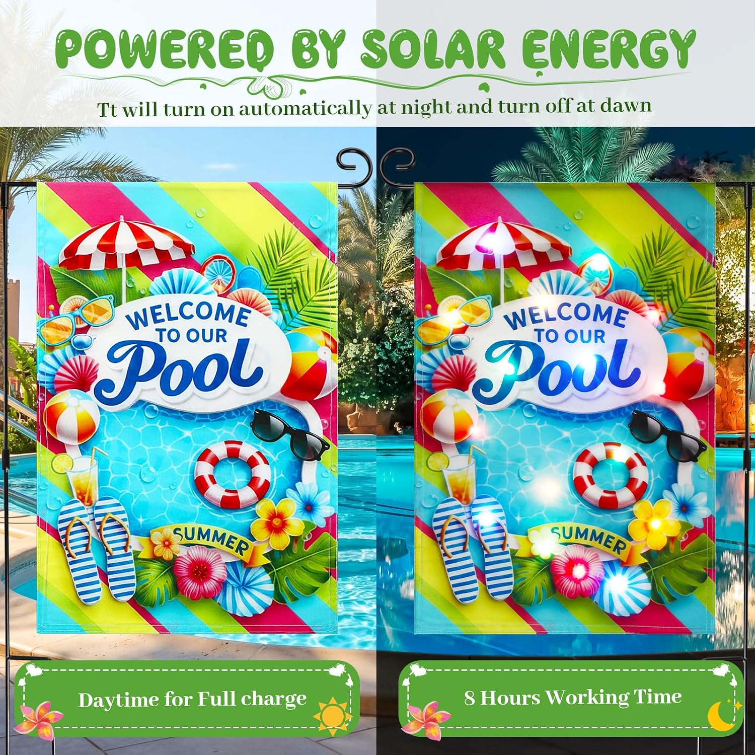 VIHOSE Lighted Welcome to Our Pool Summer Garden Flag 12 x 18 Inch Double Sided Solar LED Summer Swimming Pool Yard Flag, 8 Modes Cloth Palm Leaf Farmhouse Poolside Banner Decor
