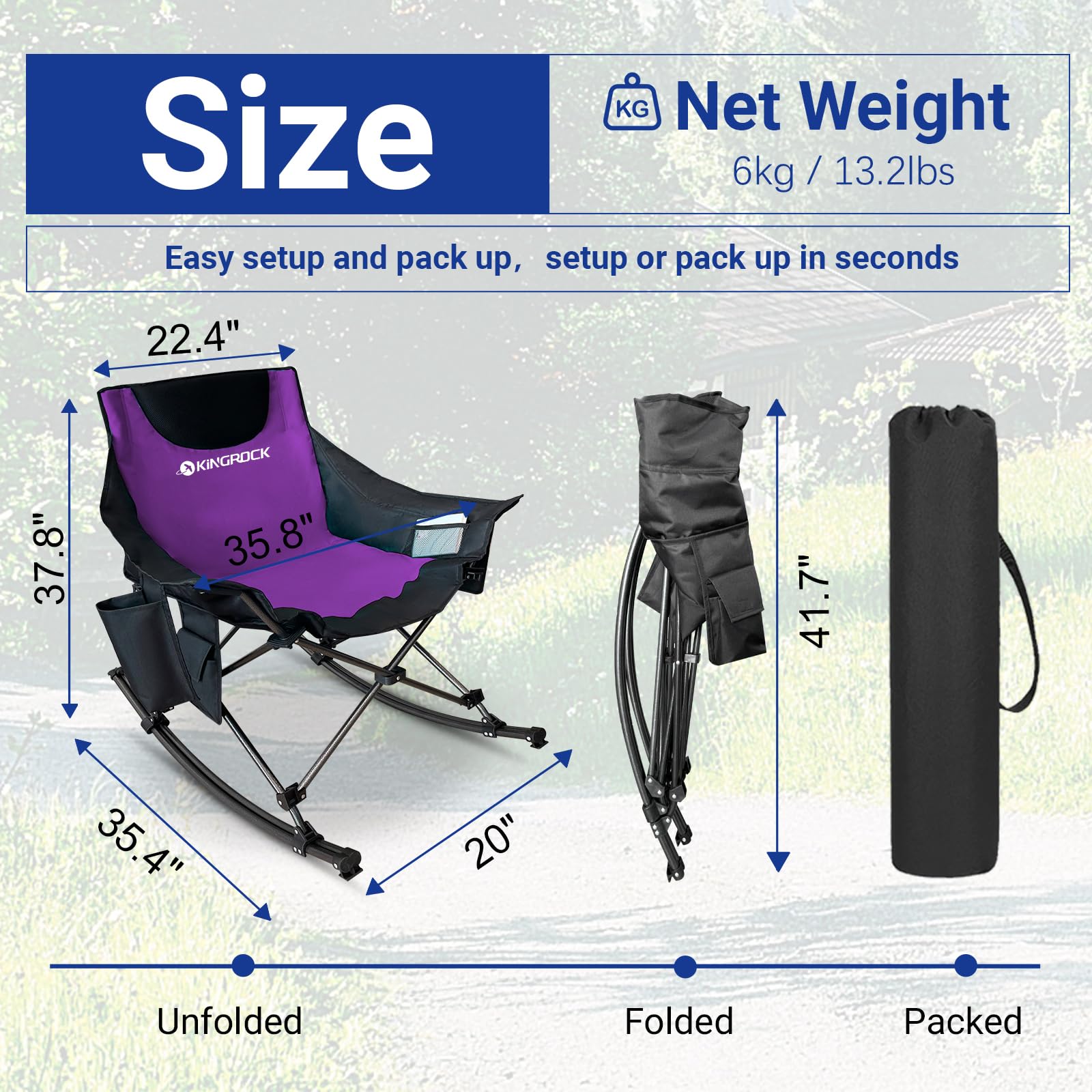 KINGROCK Oversized Rocking Camping Chair, Folding Camp Chairs with Pocket and Carry Bags, Rocking Camping Chairs for Adults with Pillow Cup Holder, Recliner for Outdoor Travel Sports Games