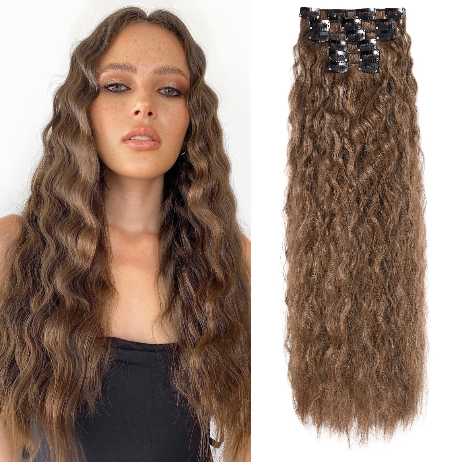 FLUFYMOOZ Clip In Hair Extensions,6PCS Hair Extensions Long Mermaid Waves Wavy Synthetic Clip On Hairpiece For Women 24 Inch (Medium Brown with Medium Auburn)