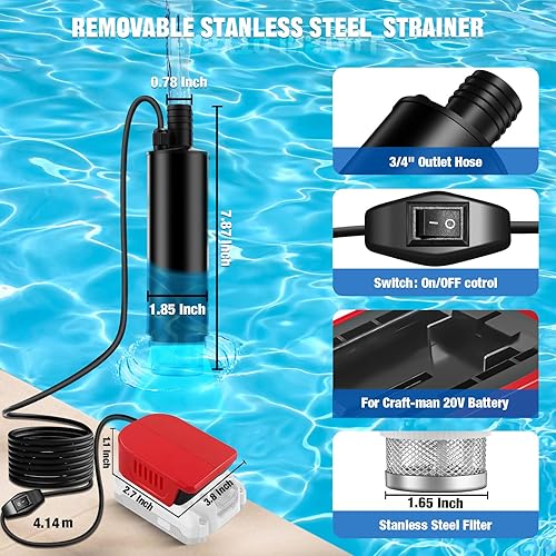 Miniatura 2 de Bomba de agua sumergible para batería Craftsman de 20 V, 635 GPH 100 W, bomba de transferencia de agua inalámbrica para tina, estanque, jardín,