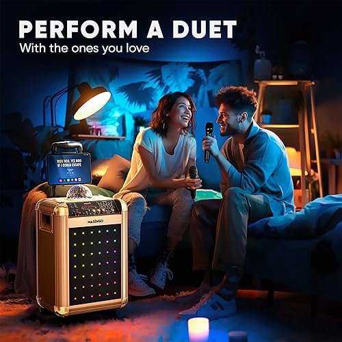 Miniatura 4 de MASINGO Máquina de karaoke para adultos y niños con 2 micrófonos inalámbricos Bluetooth. Sistema de altavoces PA portátil para cantar con luces