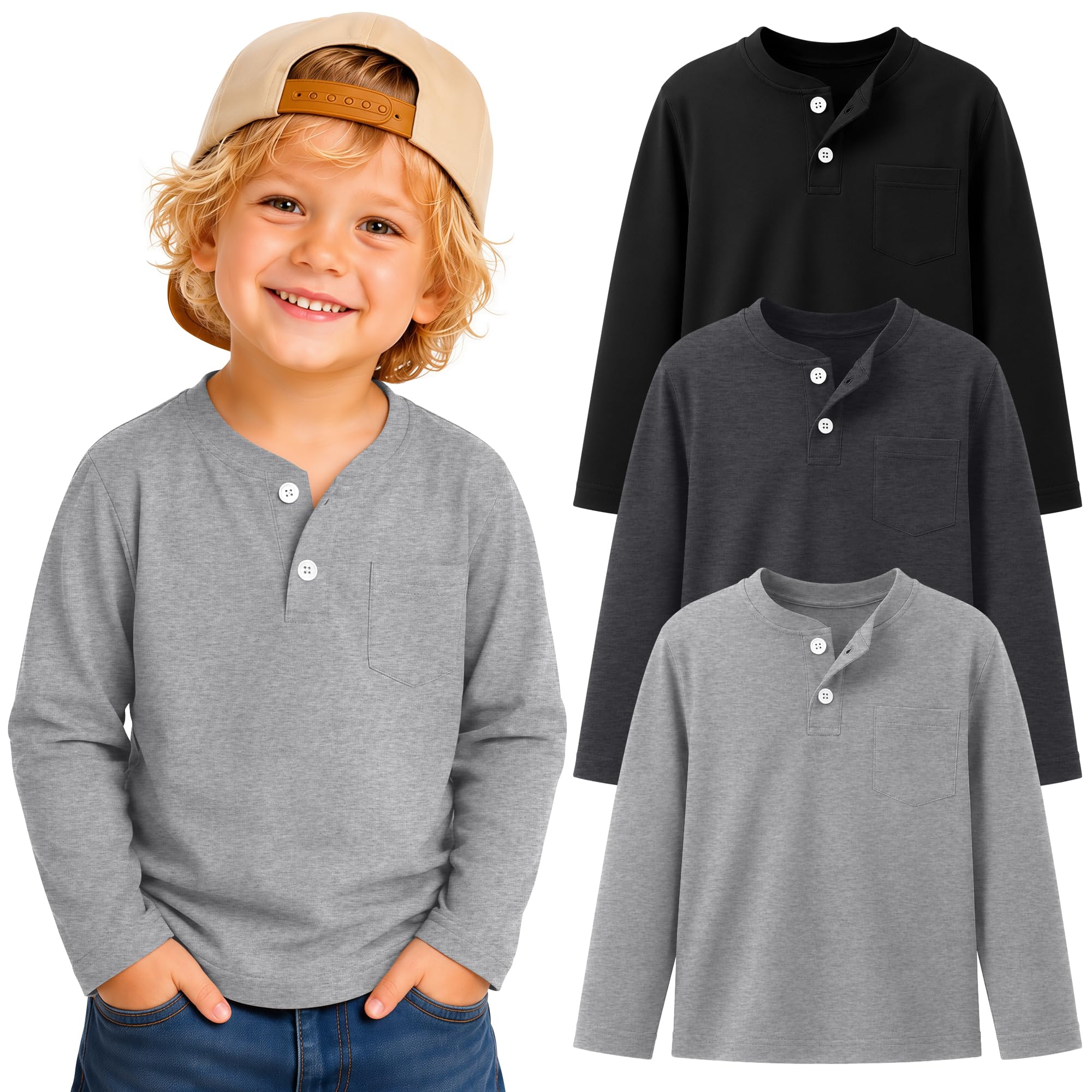 3 Pack Toddler Boy Long Sleeve Henley Tops 18M-5T