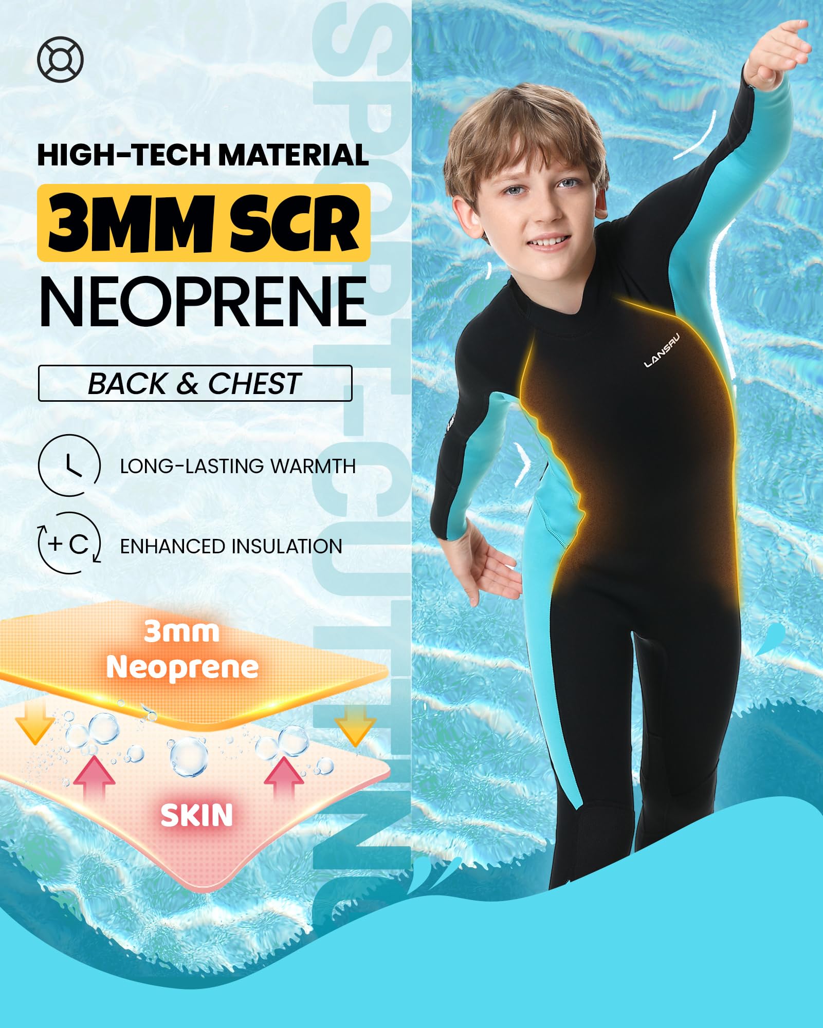 3mm Kinder Neoprenanzug, Sicheres Design CR-Neopren, UV-Schutz, Rückenschleißverschluß für Schwimmunterricht für 6-15 Jahre Jungen und Mädchen, Ideale Thermal Neopren Langarm im kalten Wasser