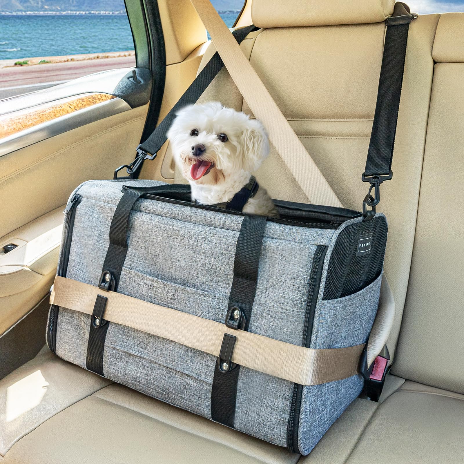 Petsfit Transportín para gatos y perros para coche, transportador para perros, plegable, con 2 hebillas patentadas para asiento de coche, red de 4 lados y cojín extraíble, L/gris