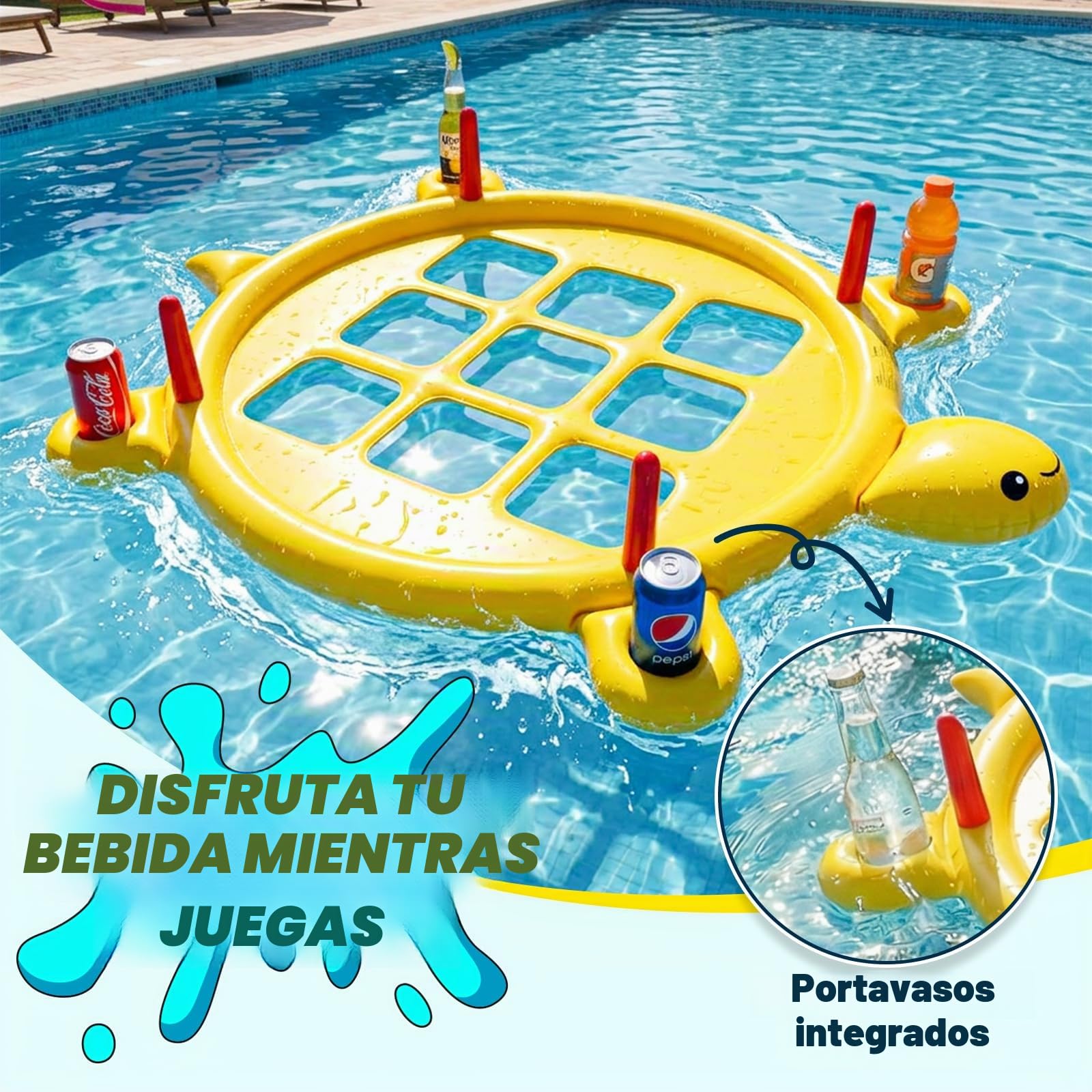Juego 2 en 1 de Tres en Raya Hinchable con Lanzamiento de Anillas para Adultos Niños,10 Pelotas y 10 Anillas, Tres en Raya Flotante Gigante con Portavasos, Juego Grande para Piscina Jardín Fiestas