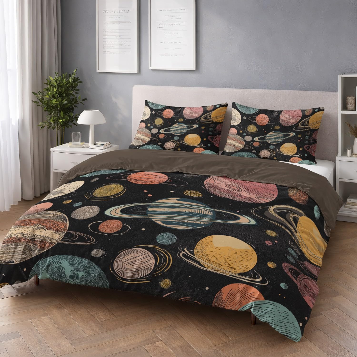 Genérico Funda Nordica Cama 105-155 x 220 cm, Suave Microfibra Juego de Funda Edredon, Planetas Espaciales Hada para Niños, Negro, Dibujo Animado, Reversible, Resistente al desvanecimiento