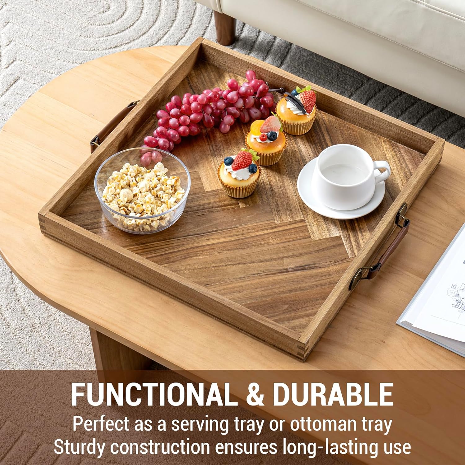 MyGift 18-Inch Herringbone Solid Acacia Wood Serving Tray – Square Ottoman Tray with PU Leather Handles, Rustic Coffee Table or Breakfast Display Tray - Image 3