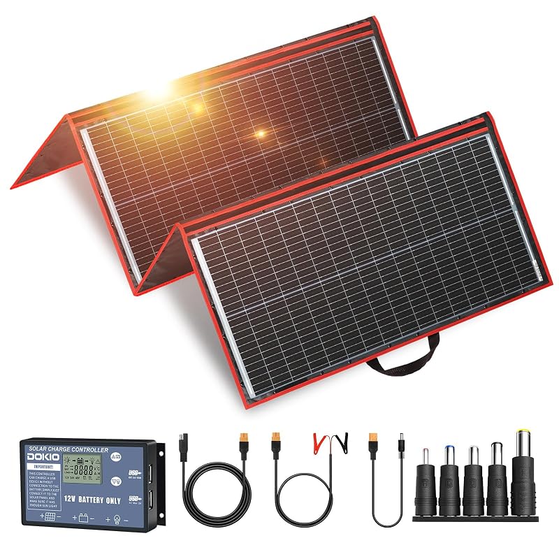 Painel Solar Dobrável DOKIO 300 W com Controlador de Carga PWM, Saída 12 V e Conectores para Bateria, Kit com 1 unidade