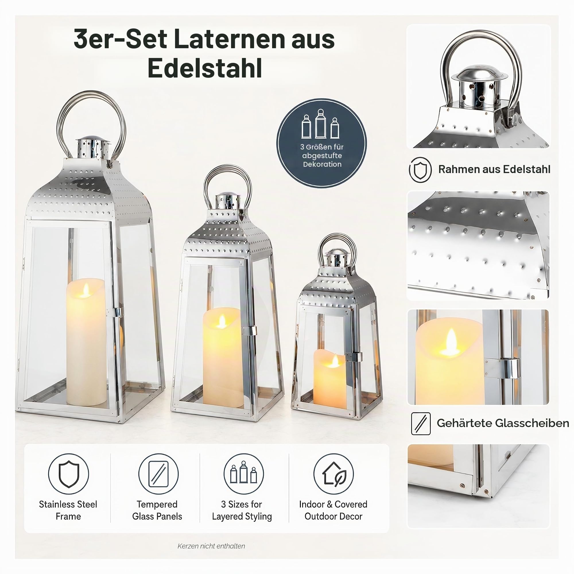 TRIROCKS 3er-Set Kerzenlaternen aus Edelstahl 52 cm & 41 cm & 30 cm Hoch Dekorative Kerzenhalter mit Gehärtetem Glas für Drinnen Draußen Veranda Garten Partys Hochzeiten Veranstaltungen (Silber)