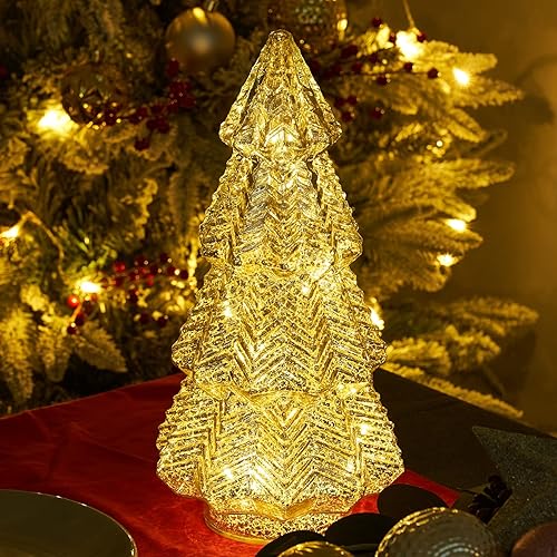 Temporizador de árbol de Navidad de mesa iluminado de 12 pulgadas de vidrio de mercurio plateado, decoración de árboles de Navidad, centro de mesa,