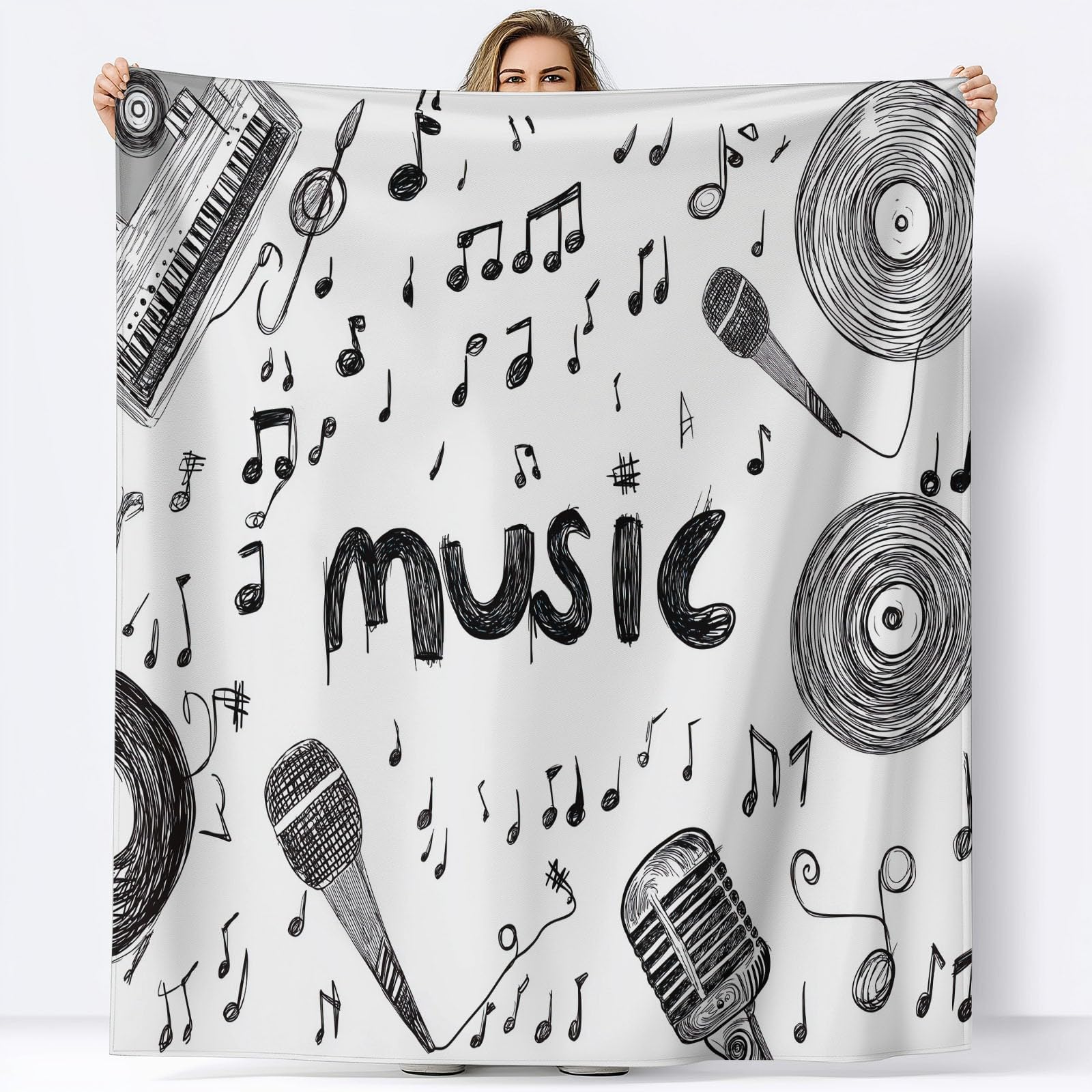 Manta para Sofá Ilustraciones Dibujadas Mano Grafitis Música Notas Musicales 220x240 cm Manta de Franela Extra Suave y Acogedora, Mantas para Cama, Mantas Sherpa Impresión 3D, para Toda Estación