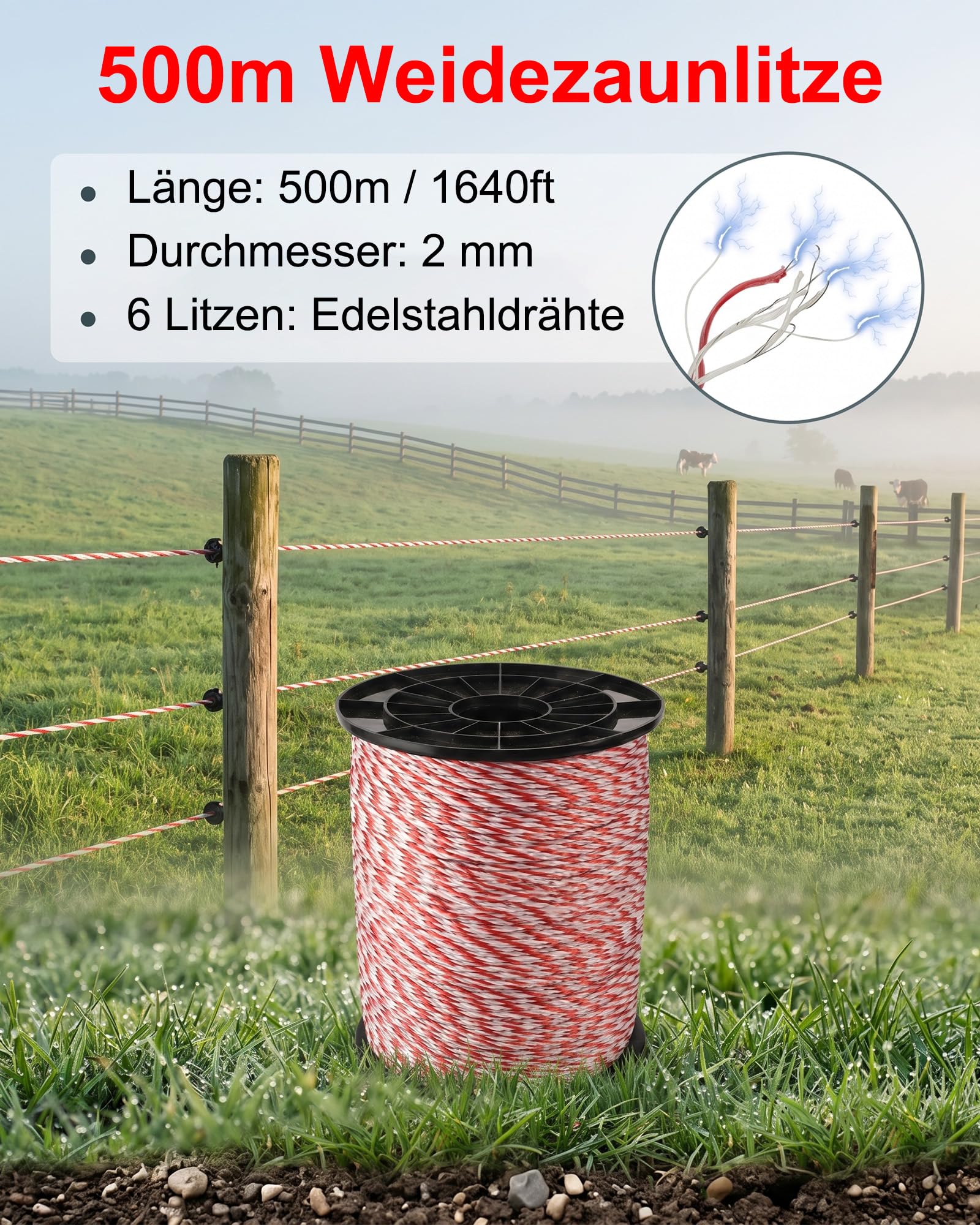 Filo di recinzione per tutti i tipi di animali, 500 m, 2 mm, con 6 fili in acciaio inox e 15 fili di corda intrecciata, recinzione elettrica conduttiva per orti, prati e cortili