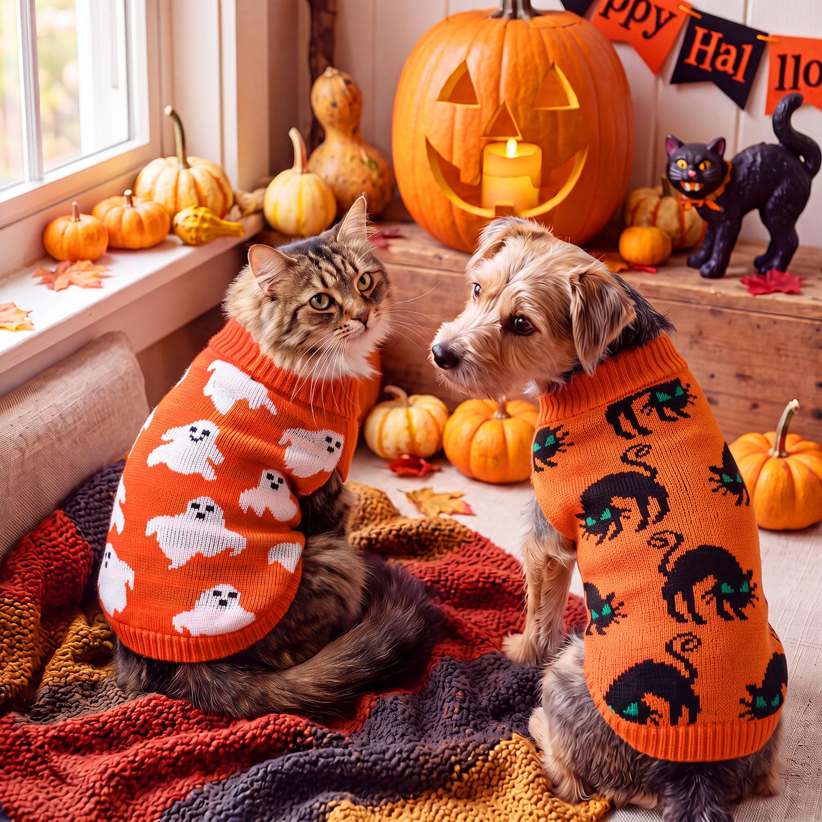 Lot de 4 pulls pour chien Halloween citrouille avec trou pour | Ensemble de vêtements d'hiver doux et extensibles pour chihuahua, yorkshire, petites races, vêtements d'hiver chauds avec