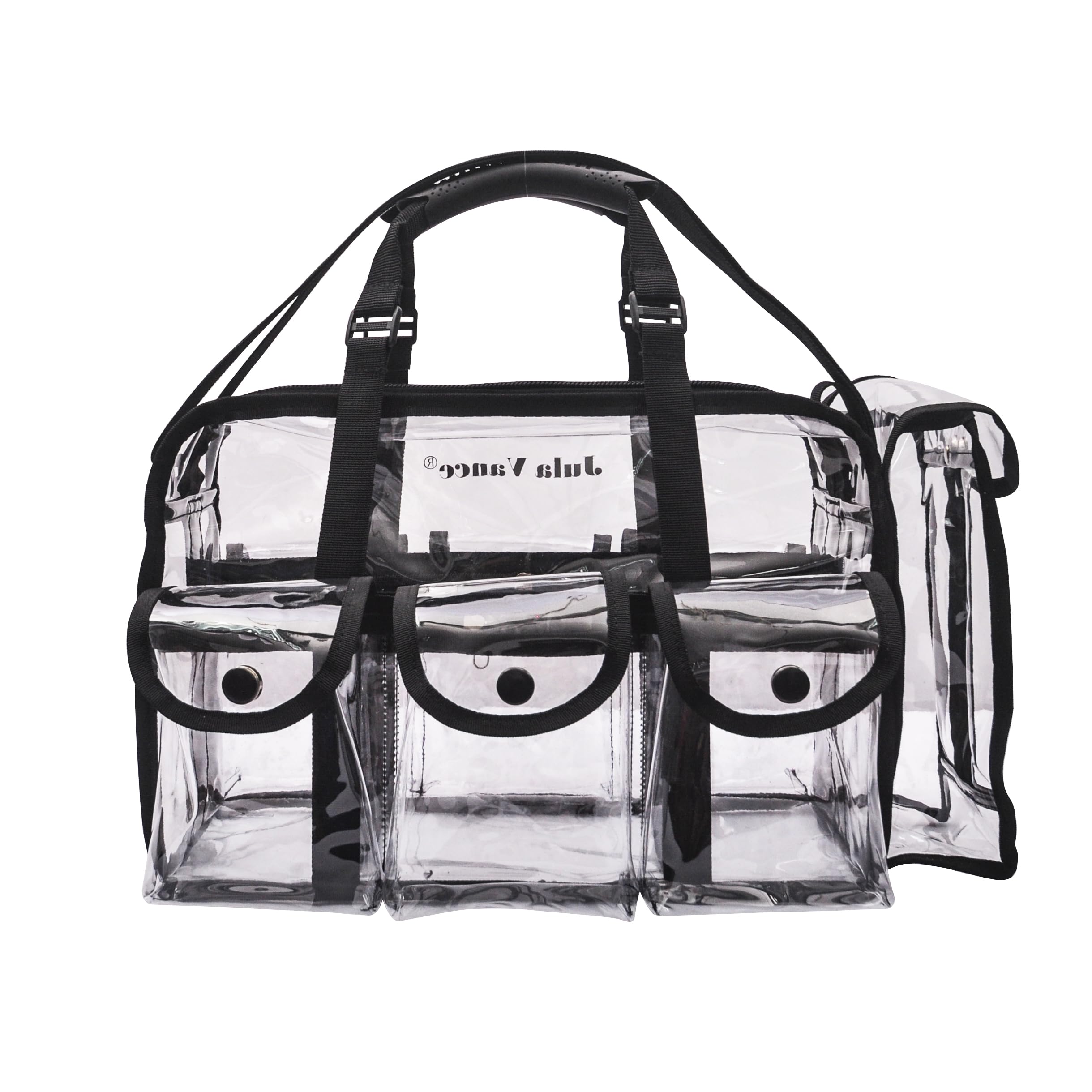 Kit de maquillaje profesional de PVC transparente, organizador de maquillaje, bolsa MUA para llevar a todos los artistas, bolsa de cosméticos de viaje de vinilo transparente con 6 bolsillos