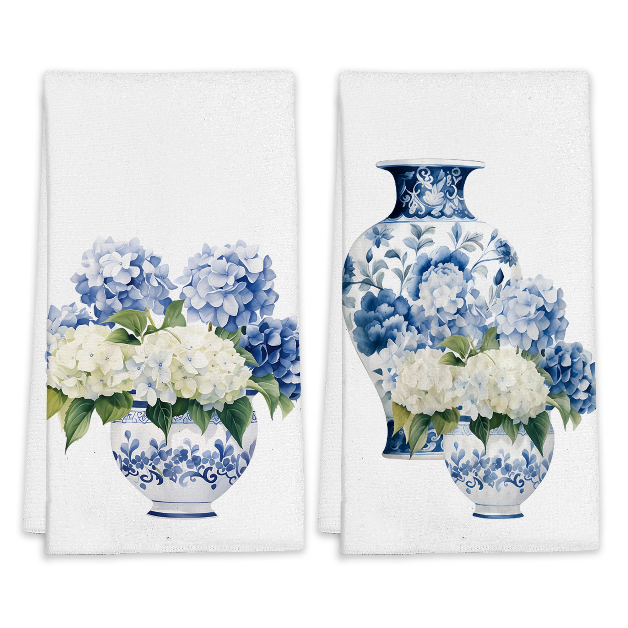LUOENY Tea Towels - Set of 2 Blue and White Porcelain Hand Towels Absorbent Reusable Dish Cloths for Kitchen Home, Living Room Dining Room Decor, 45x60 cm