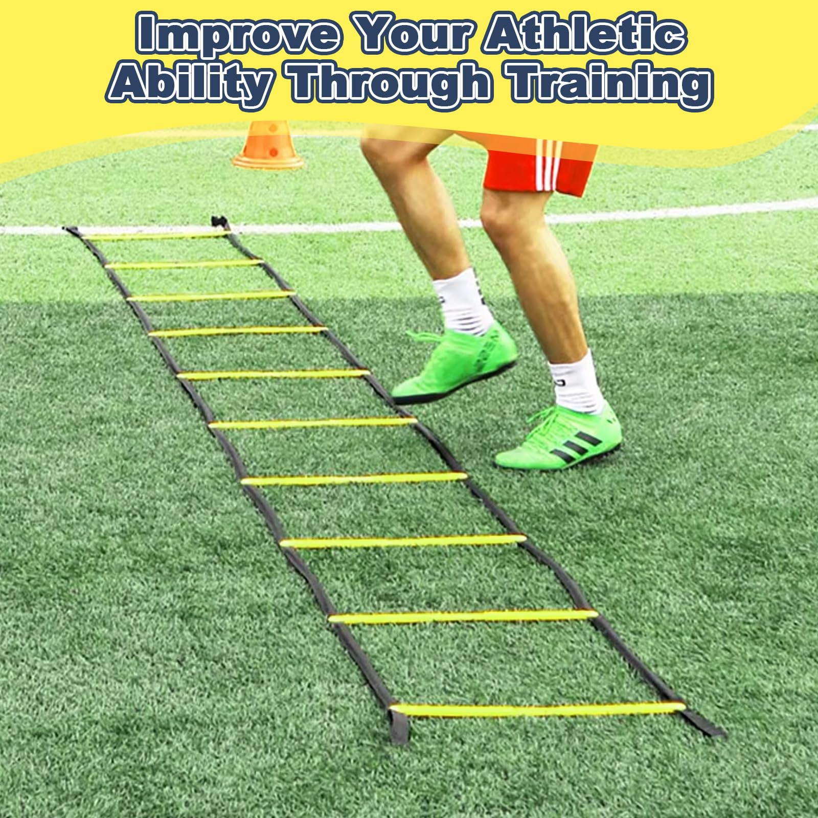Accesorios Entrenamiento Fútbol, con 6M Escalera Agilidad, 12 Conos, 4 Postes, 1 Bolsa, Escaleras Coordinación, Equipo Deportivos para Atletismo, Speed Agility Training Kit para Jóvenes Adultos