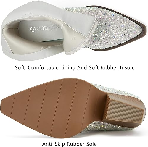 Miniatura 3 de OOHRHN Botas vaqueras brillantes de color para mujer, con diamantes de imitación, tacón grueso, detalle de perla, punta puntiaguda, para novia,