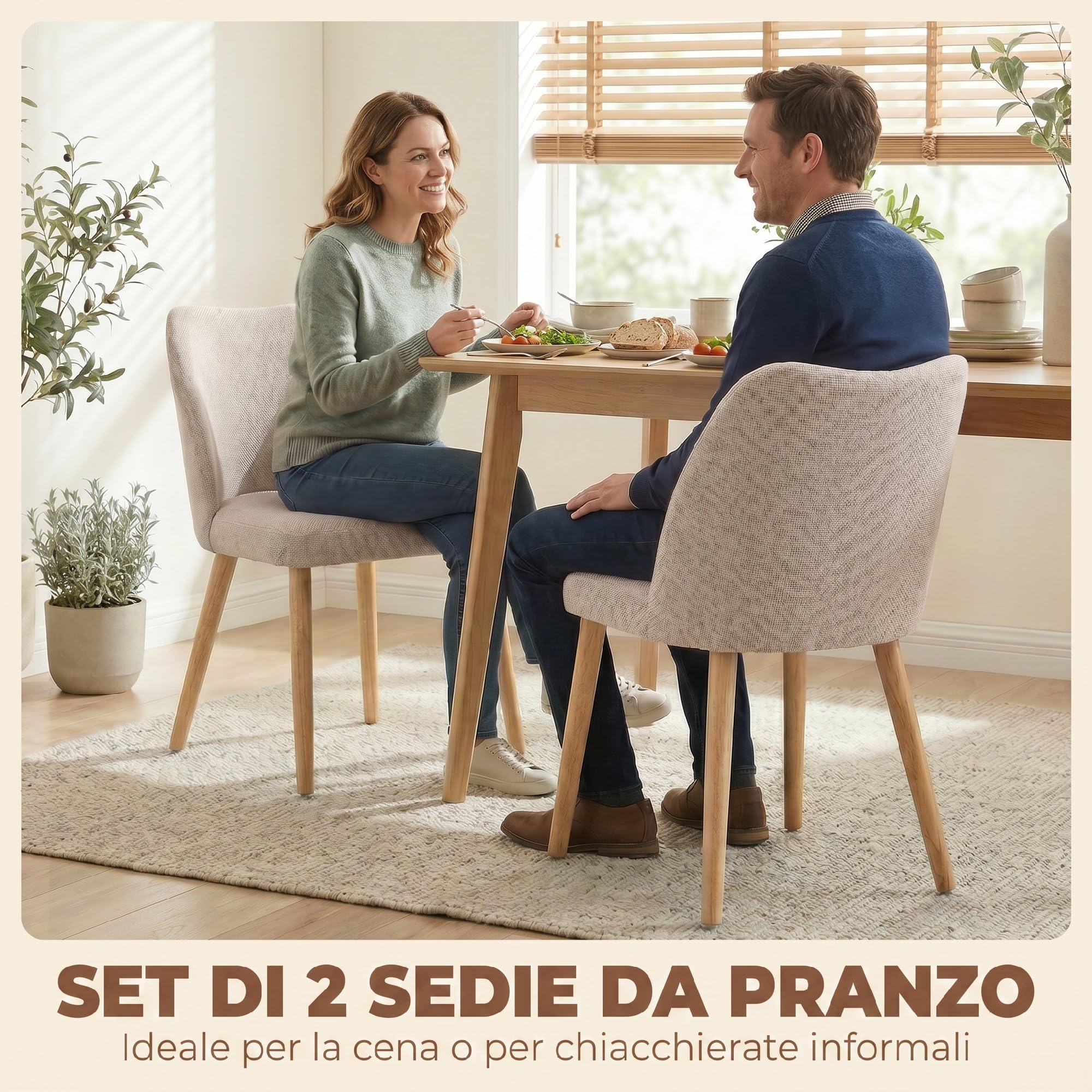 HOMCOM Set di 2 Sedie Sala da Pranzo in Tessuto Effetto Lino, Sedie Cucina Scandinave con Gambe in Legno di Caucciù, Schienale Curvo, Sedia Imbottita per Cucina, Camera da Letto, Soggiorno, Crema