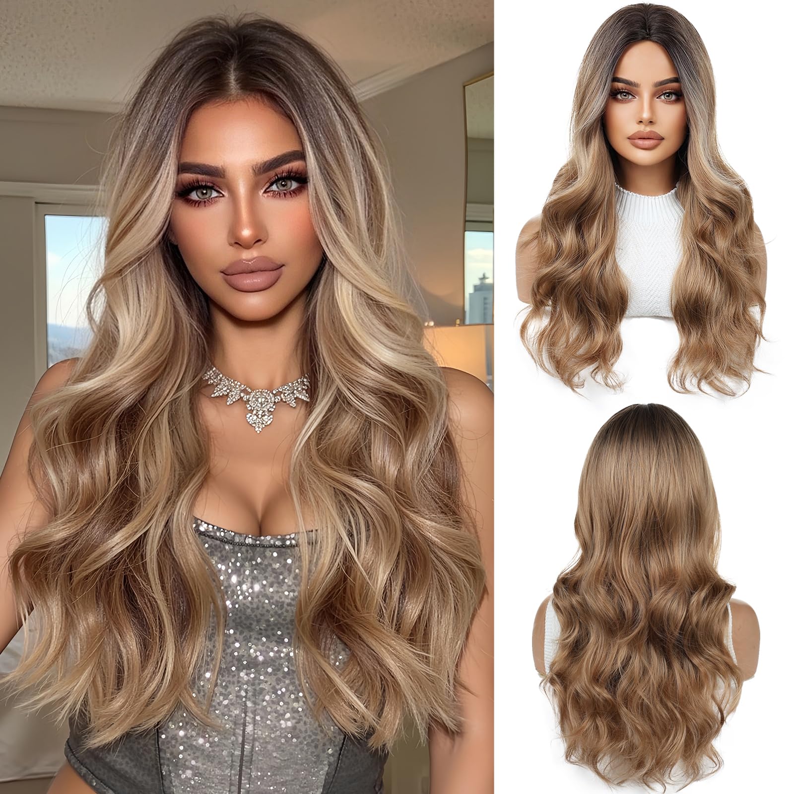 OUFEI Ombre Dark Blonde Wigs for Women Long Curly Wig Synthetic Hair Heat Resistant Wigs for Daily Party Cosplay Wear