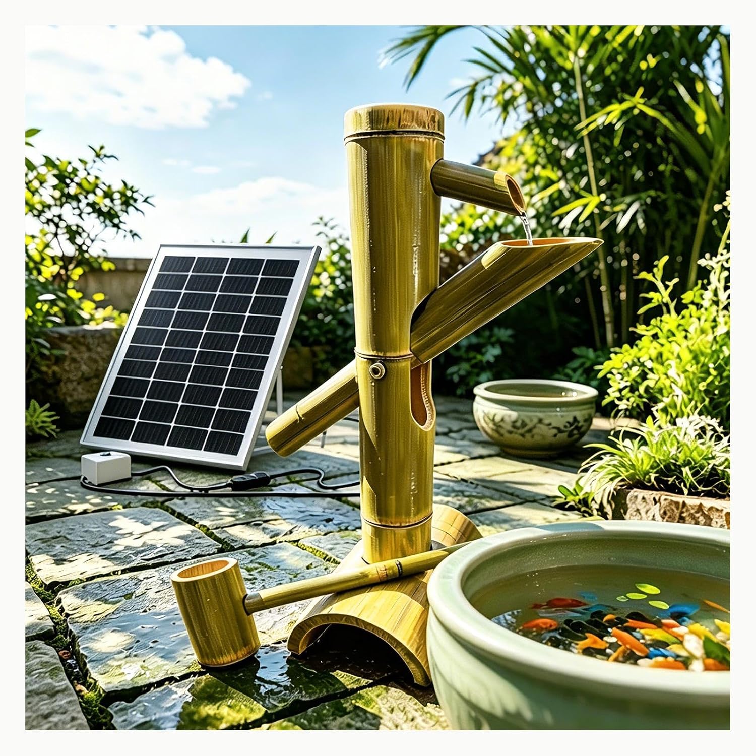 Bamboo Fountain Kit with Solar Powered，Rocking Fountains Kit，Natural Bamboo Water Feature for Zen Garden, Patio & Indoor Outdoor Backyard
