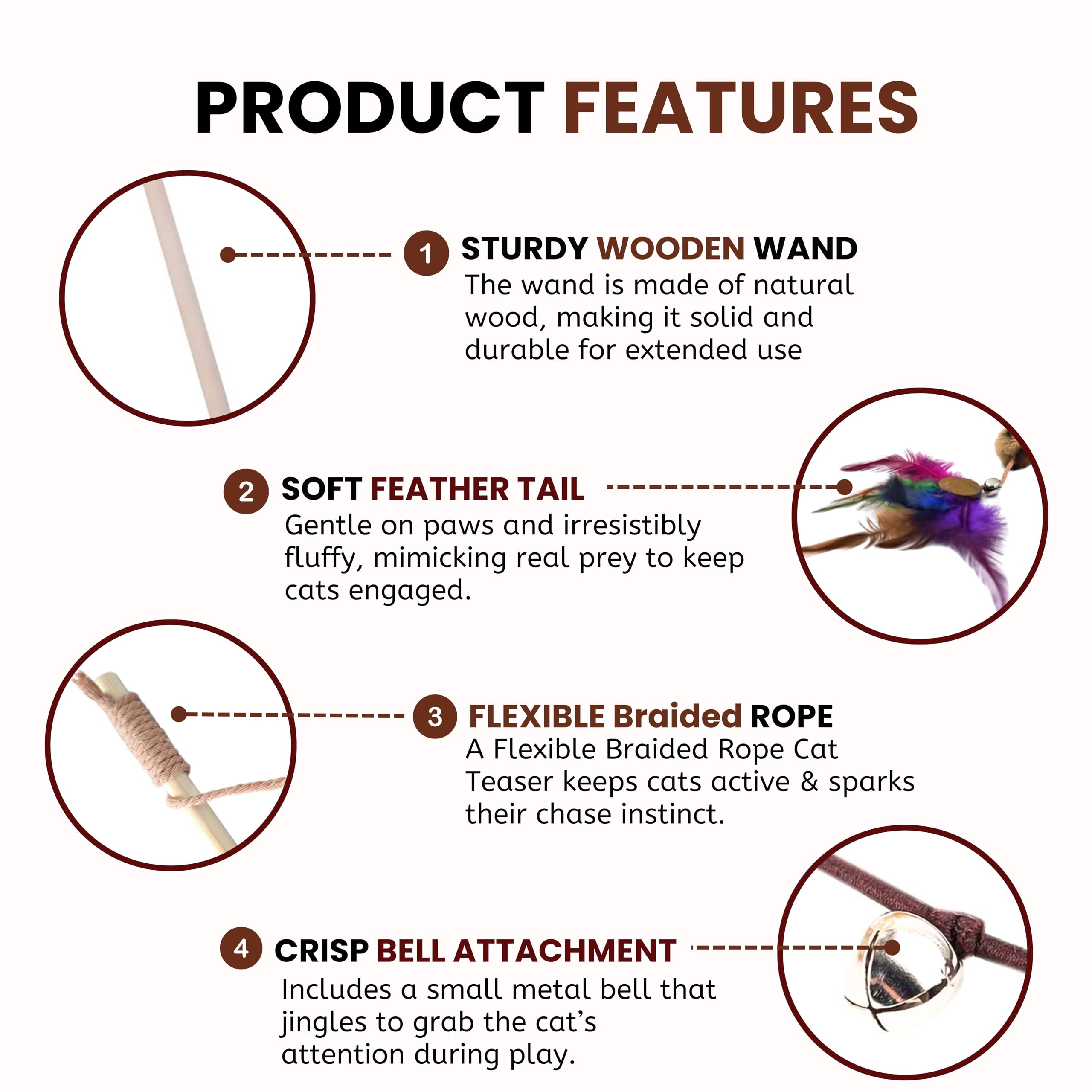 Foodie Puppies Interactive Wooden Teasing Stick with Funny Long Tassel - (Stripe Tail Teaser) | Teaser with Feather & Bell Suitable for Cats and Kittens | Indoor, Outdoor, Play & Exercise (Size: 41cm) 1