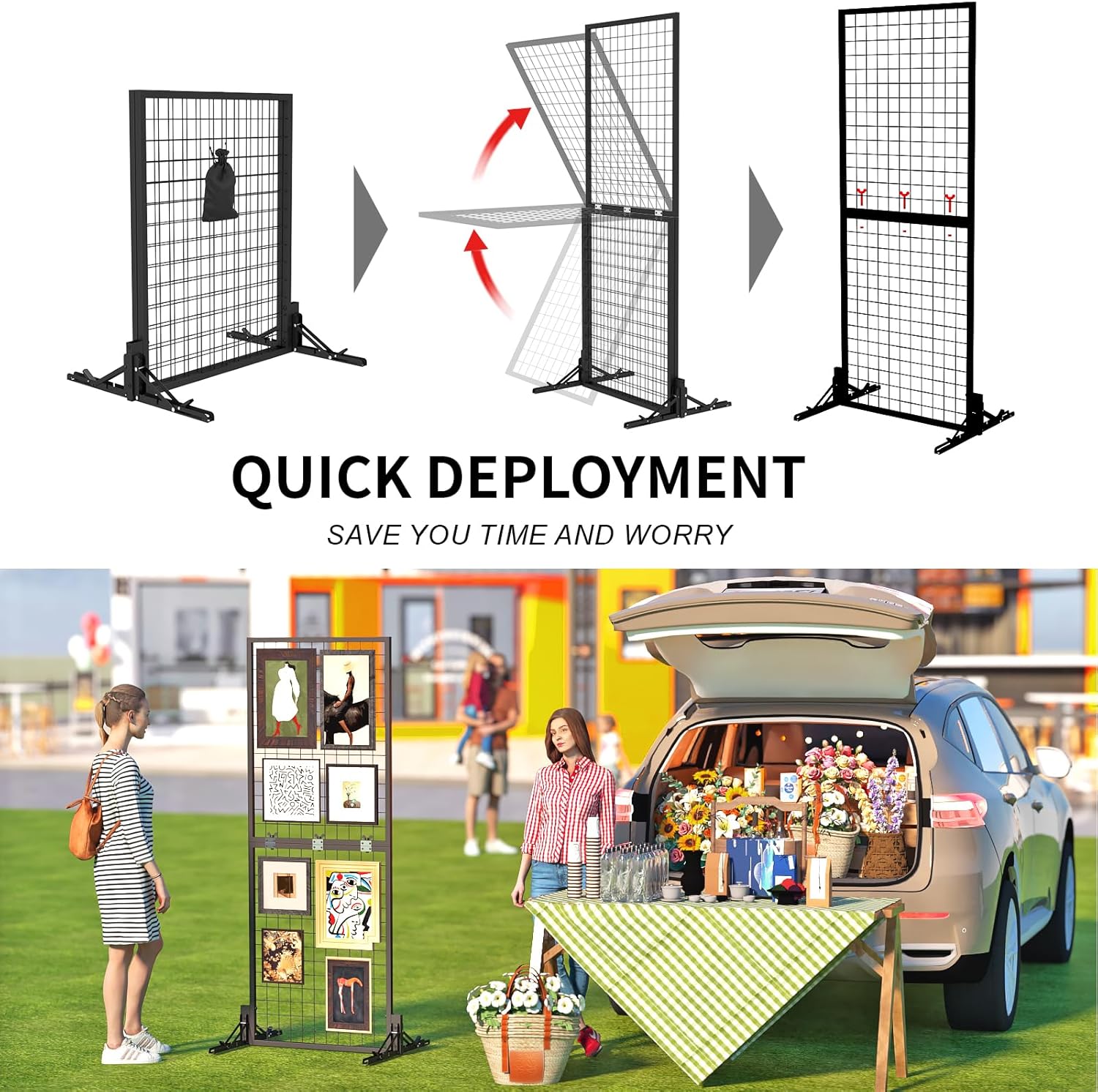 Grid Wall Display Panel Heavy-Duty Foldable, 2ft x 5ft Black Wire Wall Grid 2-Pack with 10 Hooks, Spring-Loaded Pins( Flat Base) for Retail Display Racks,Vendor Booth Display Stand, Trade Exhibits