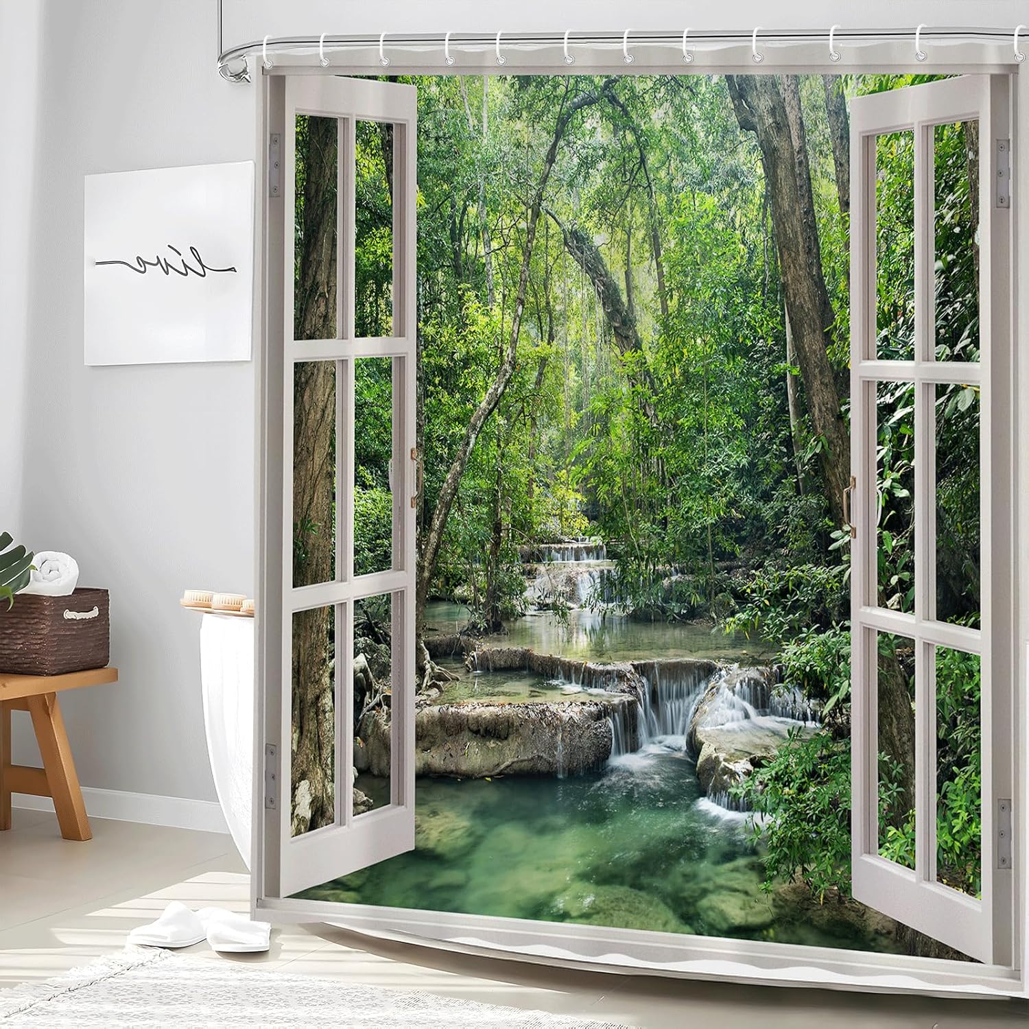 Forest Waterfall Shower Curtain Nature Scenery Green Tree Tropical Rainforest Jungle Sunlight River Stone Seasonal Spring Outdoor Landscape Fabric Bathroom Decor Set with Hooks 70Wx90H Inch