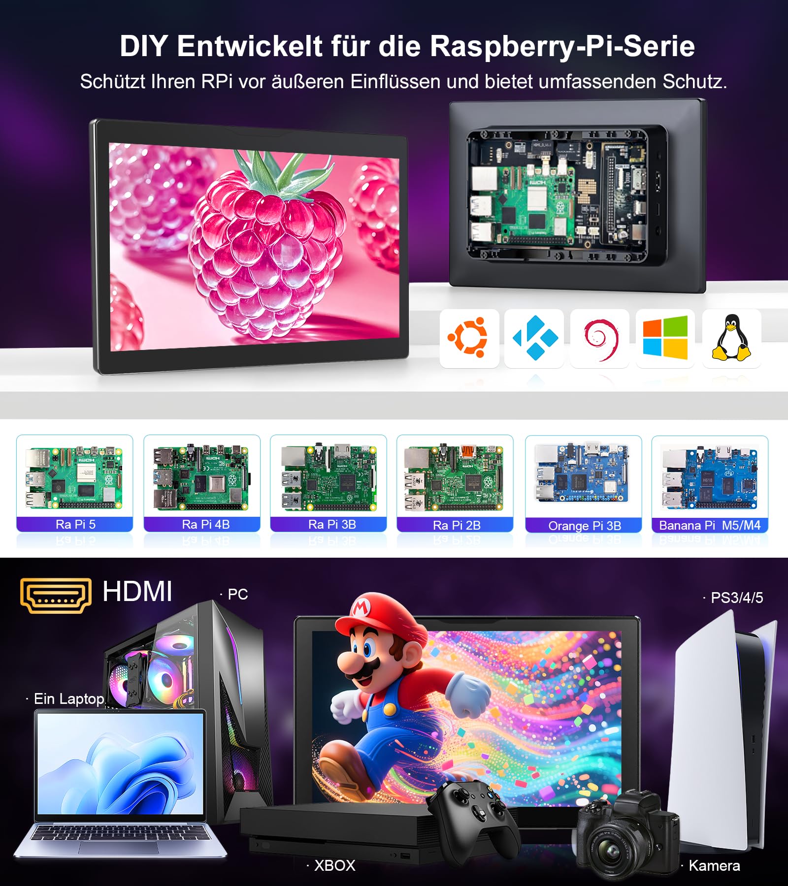 Écran Tactile Portable 8 Pouces Moniteur pour Raspberry Pi, HD IPS 1280×800 Mini Petit écran avec boîtier, Double Haut-Parleur, HDMI, pour Raspberry Pi 5/4B/3B+/3B/B+, Windows 11/10/8/7/PC - 3