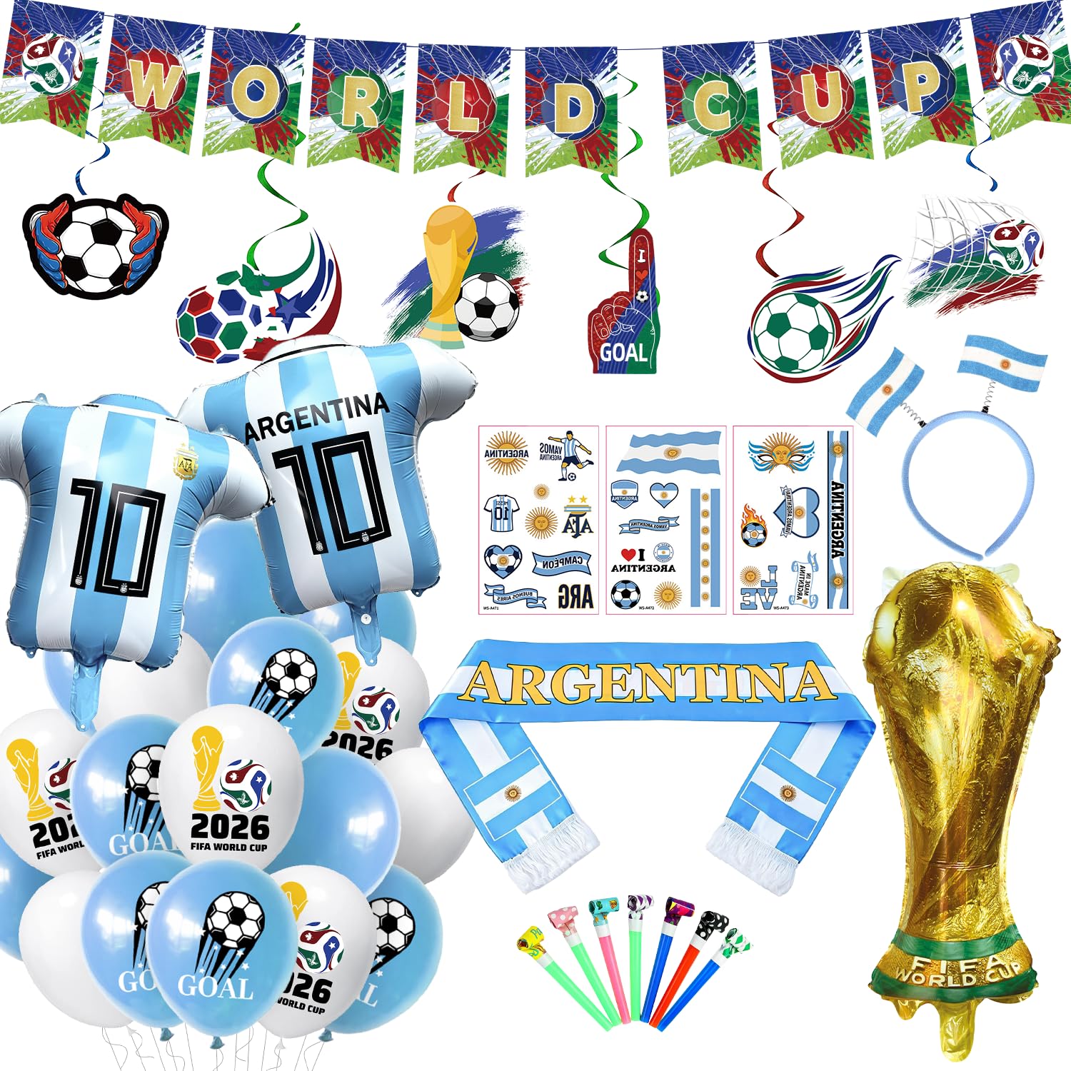 YEJIKJ World Cup Football 2026 Party Decorations, Argentina Match Decorations, Scarf Football Shirt Balloon Gold Championship Shape for Match Bar Club Garden Street Decor