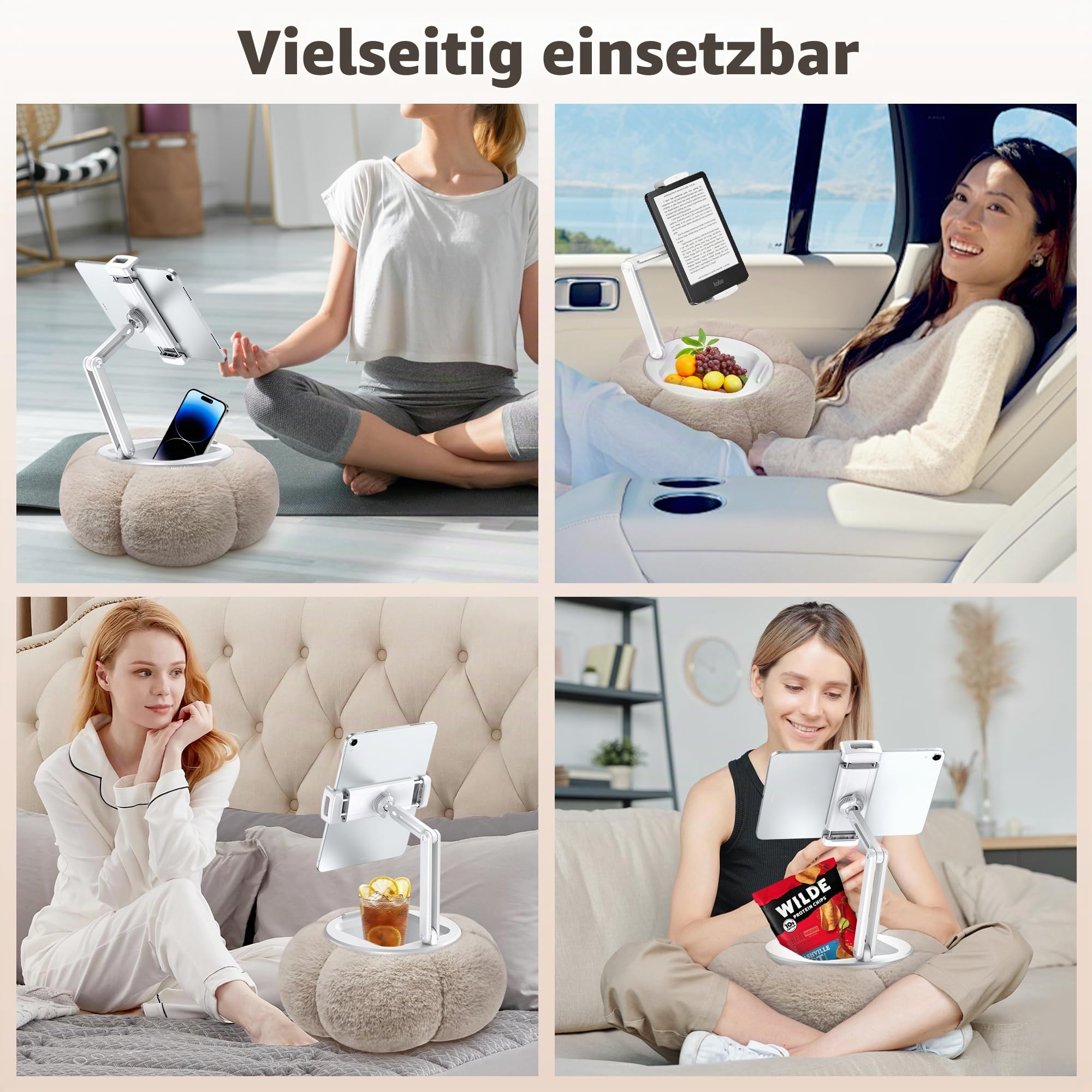 CreaDream Pumpkin Kindle Halterung Kissen, 360° Verstellbarer Tablet IPad Ständer mit Abnehmbarer Snackschale, Kindle Zubehör Kompatibel mit 4,7-13 Zoll Geräten für Bett, Sofa, Videos Shauen (Khaki)